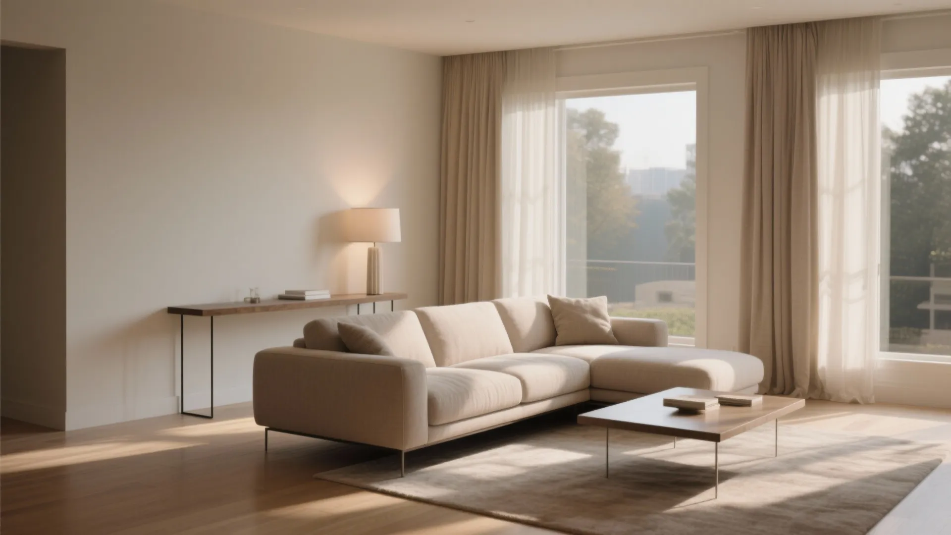 Minimalist living room featuring cream colored sectional sofa thin coffee table and tall glass windows