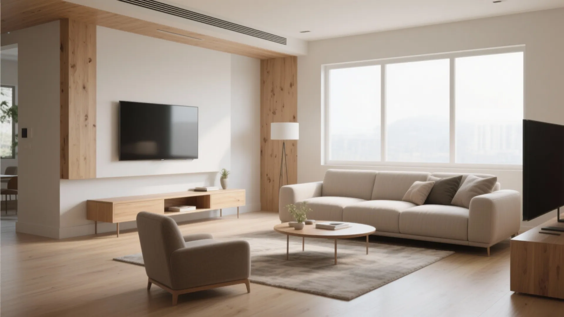 Modern bright living room with beige sofa wood floor TV stand large window and floor lamp