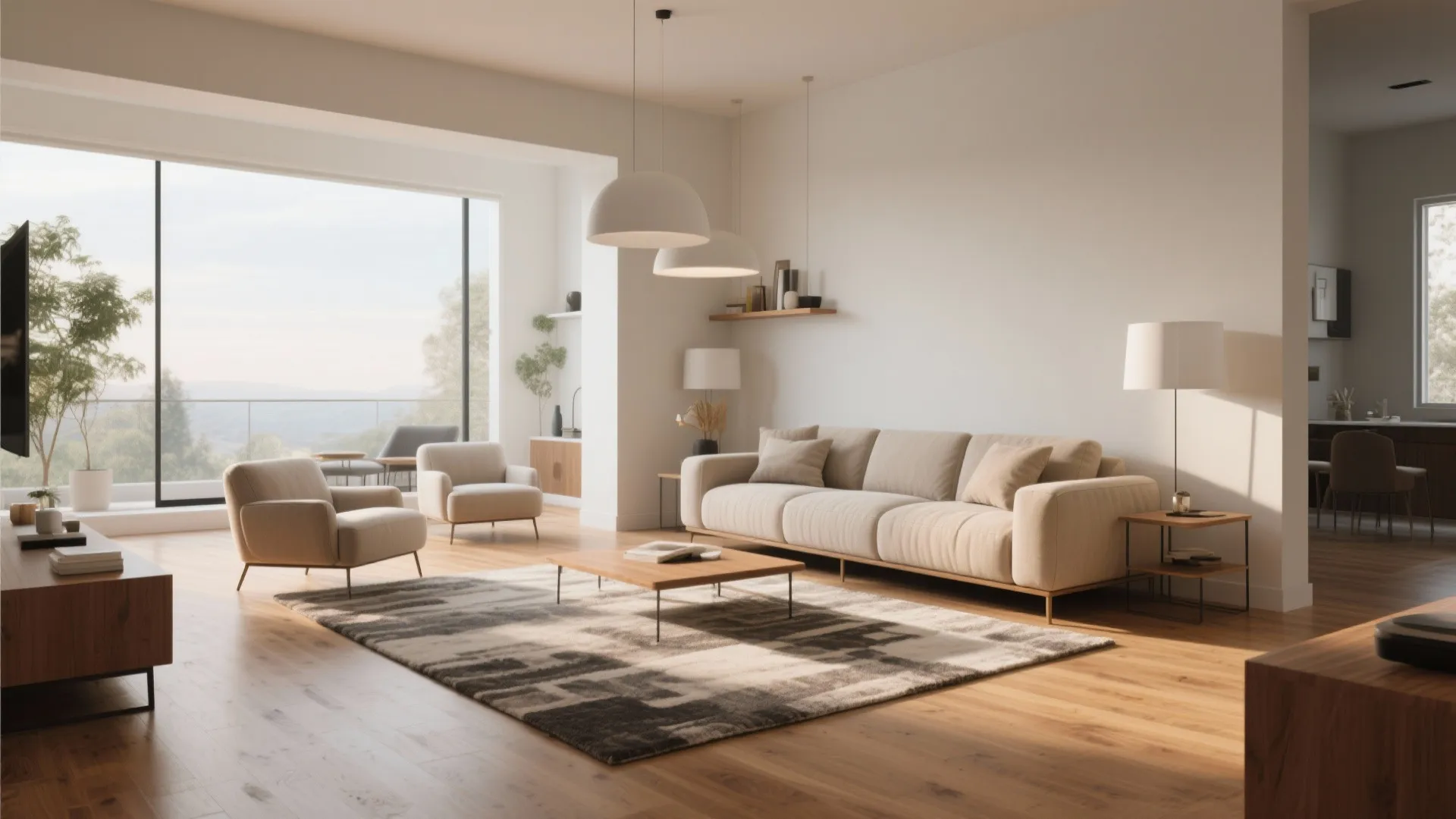 Spacious living room with cream sofa two armchairs patterned rug and modern white ceiling lights