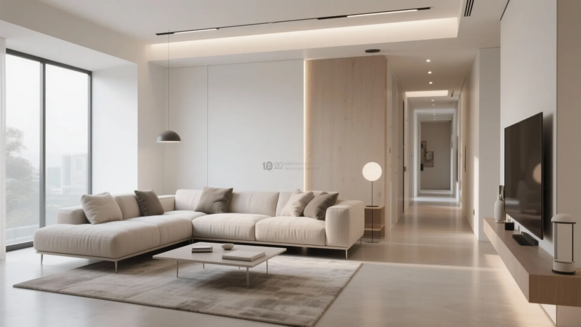Modern minimal living room with white sofa coffee table grey rug and long hallway view