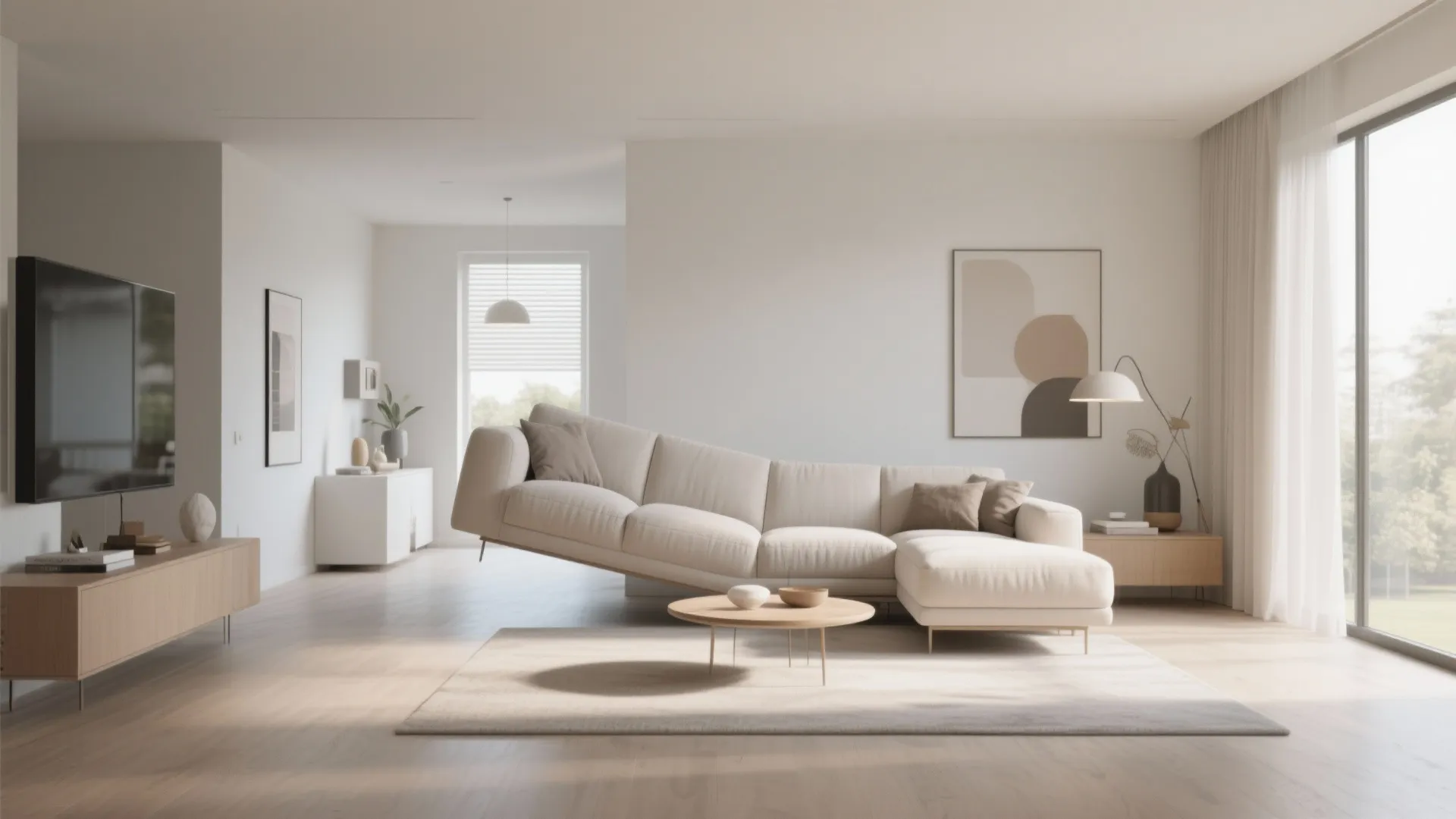 Minimalist bright living room featuring a floating cream sofa design with large windows and light wood
