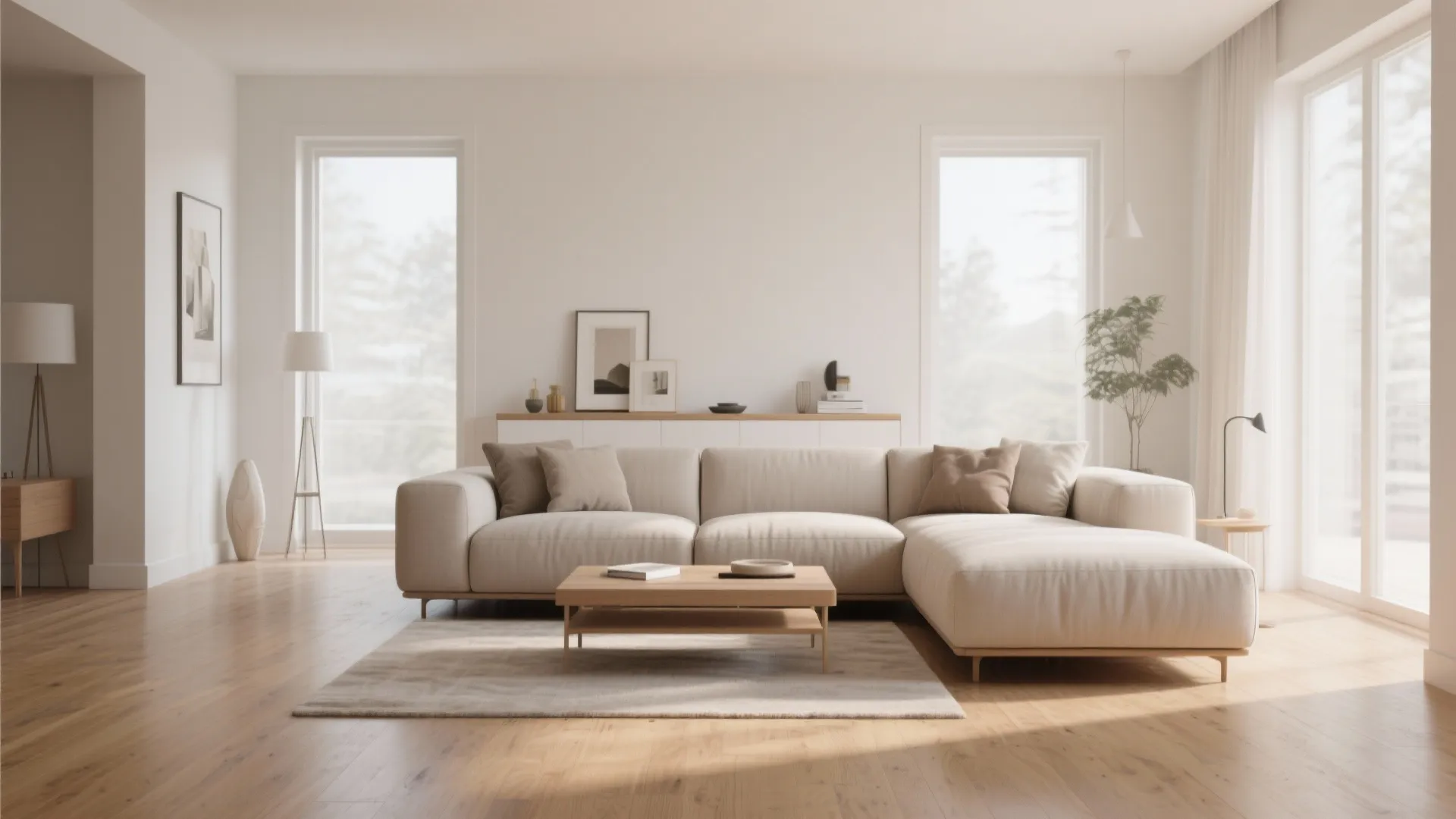 Floating sofa arrangement in small living room with airy space