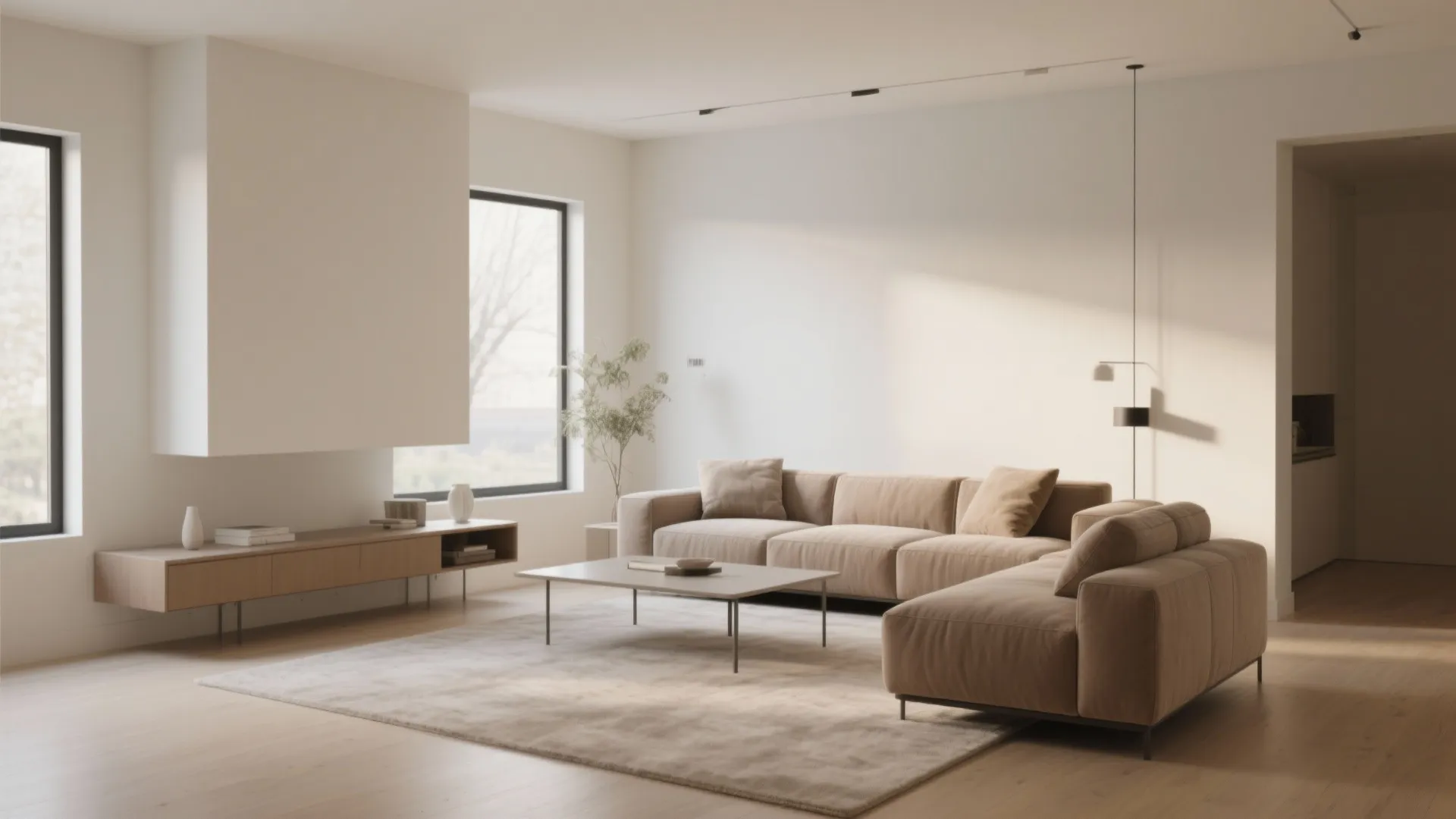 Minimalist living room with large beige sectional sofa wood floor low cabinet and two bright windows