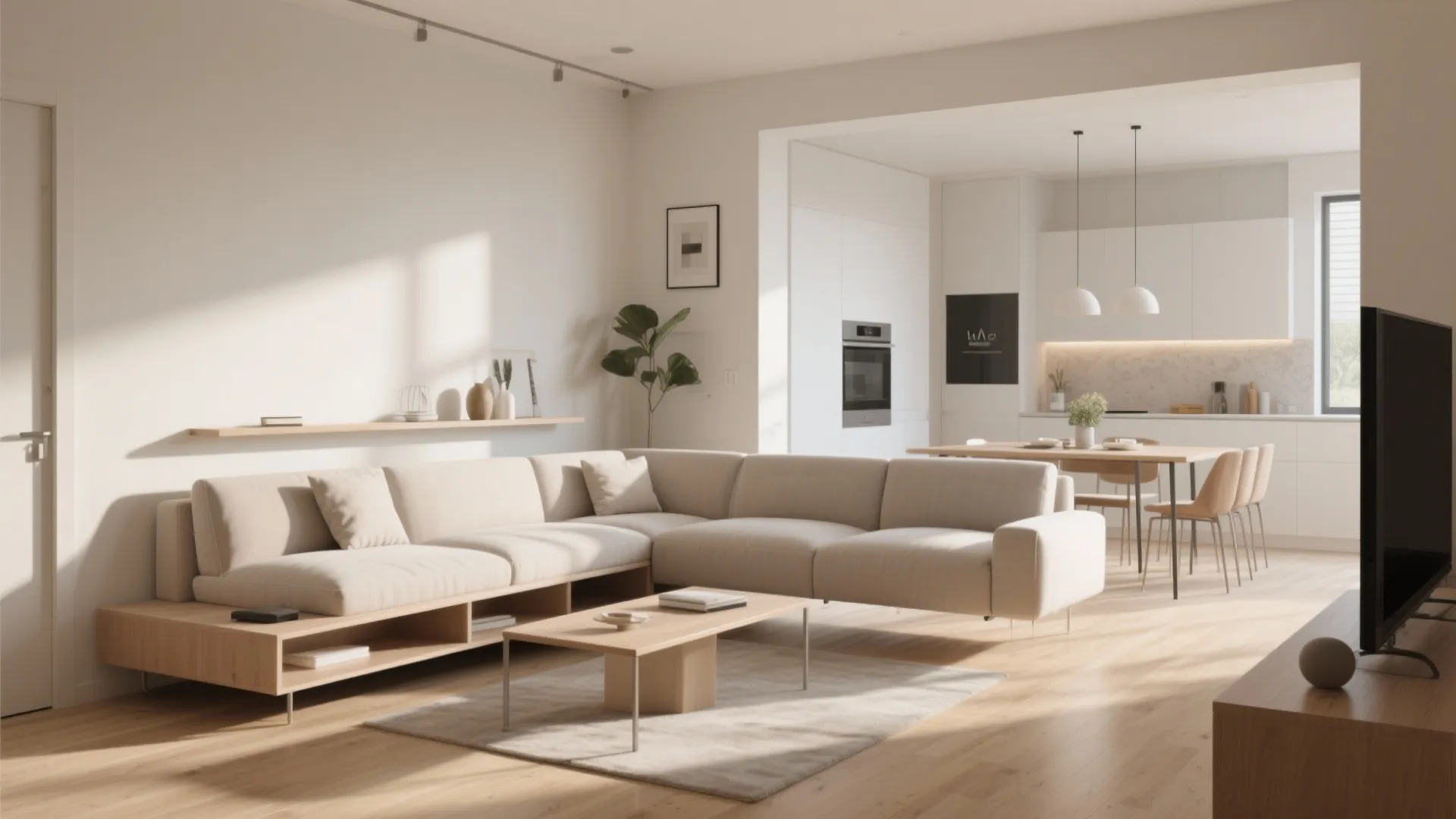 Modern open living room with cream sofa coffee table wooden floors and white kitchen area