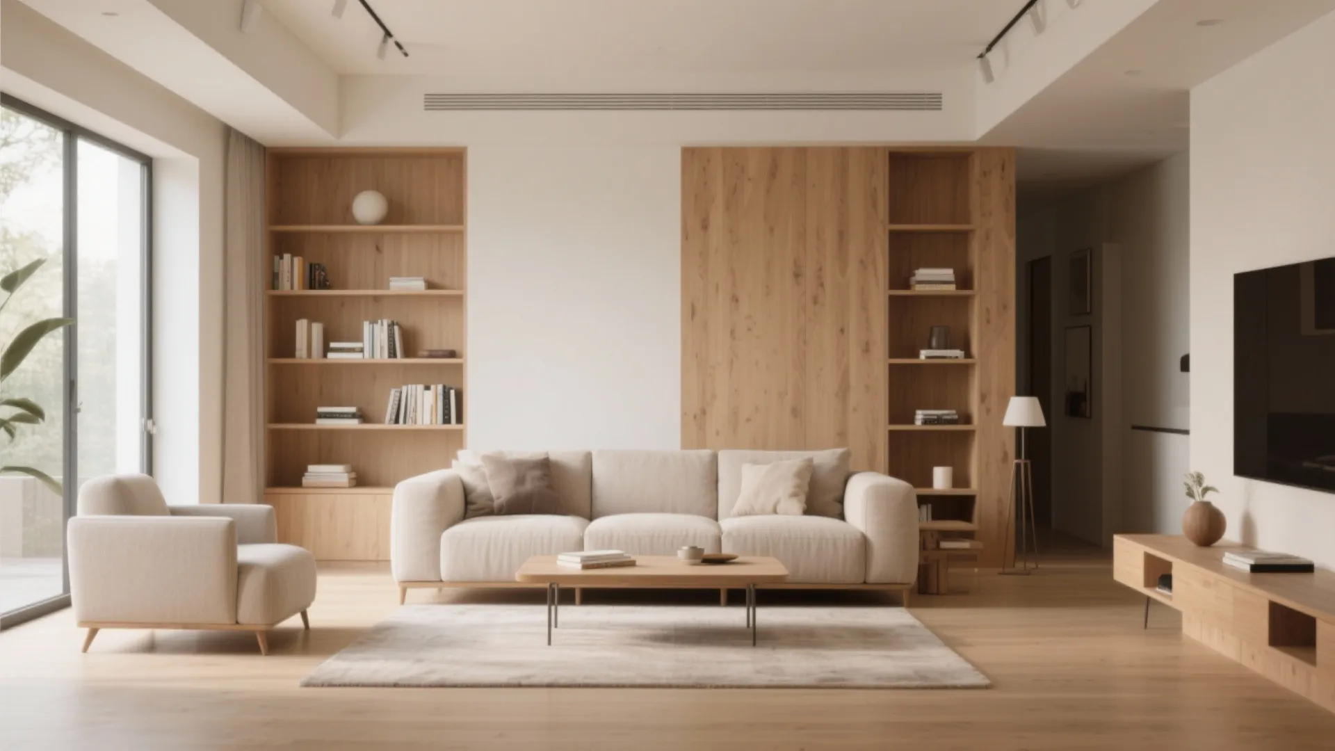 Minimalist living room with white sofa wooden coffee table large wall bookshelves and a cabinet