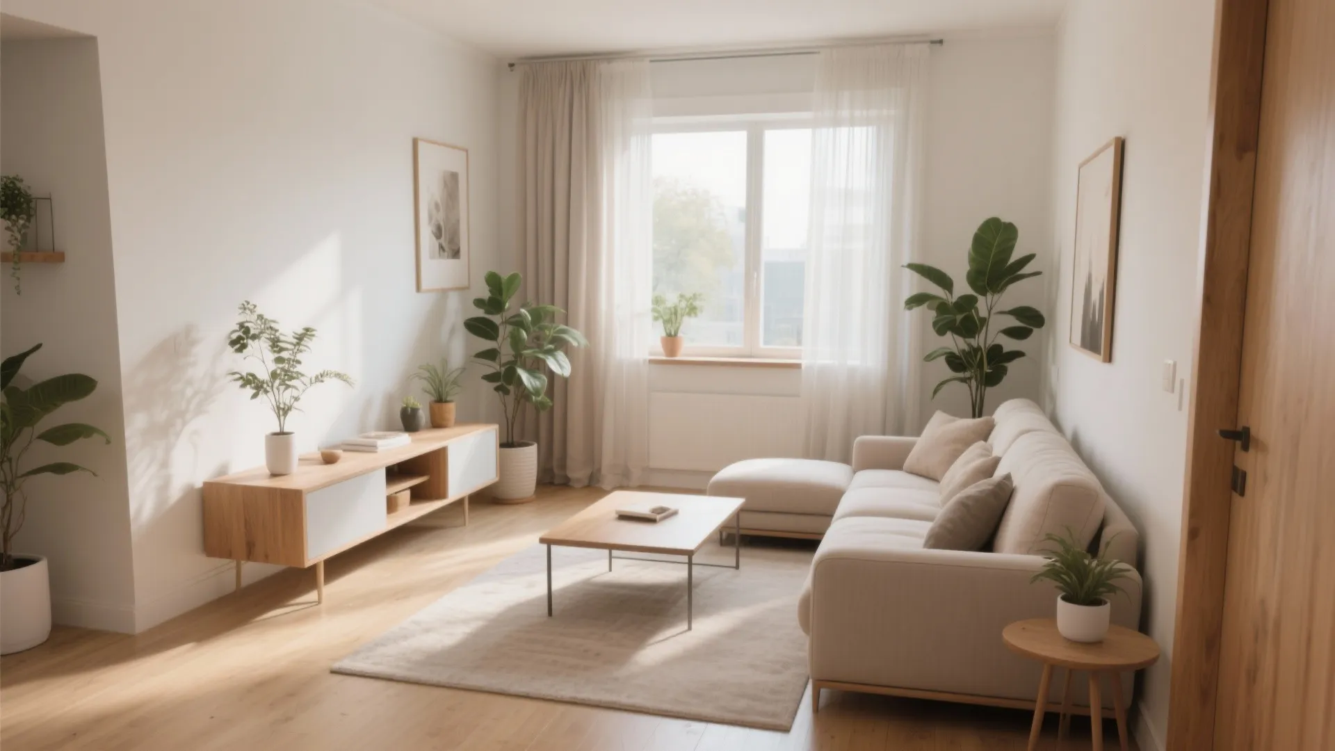 Minimalist living room with white sofa wooden coffee table TV cabinet large plants natural light