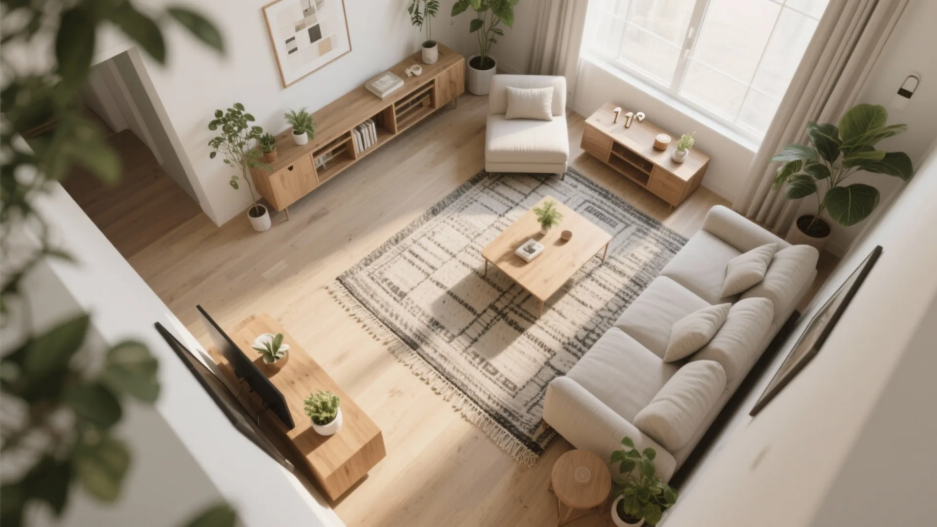 High angle view of living room with white sofa wooden coffee table and green plant