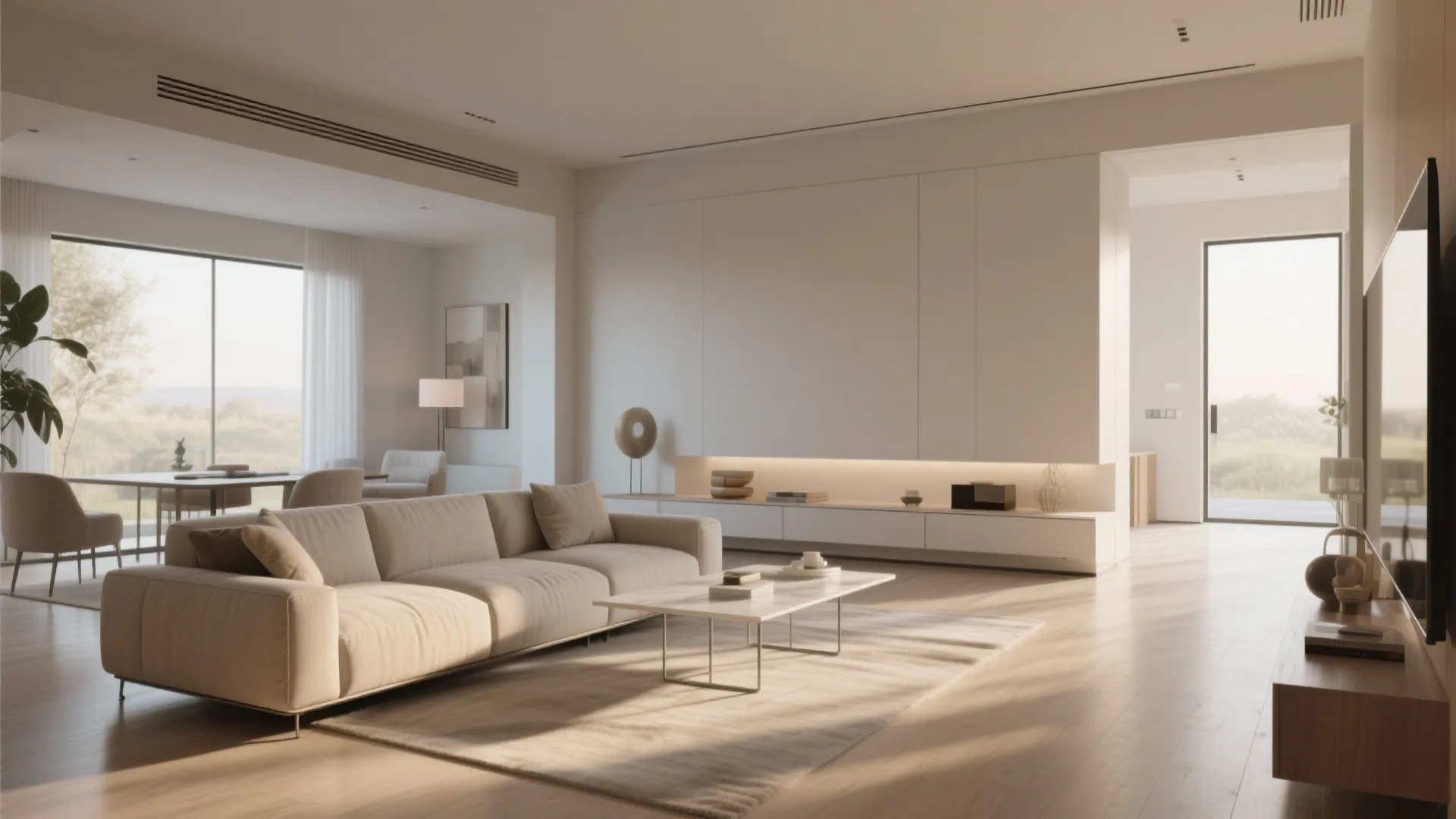 Floating sofa with narrow table behind in small living room