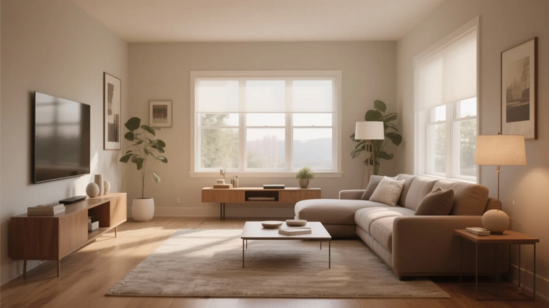 Living room layout with cream sofa placed in the center facing a wall mounted television
