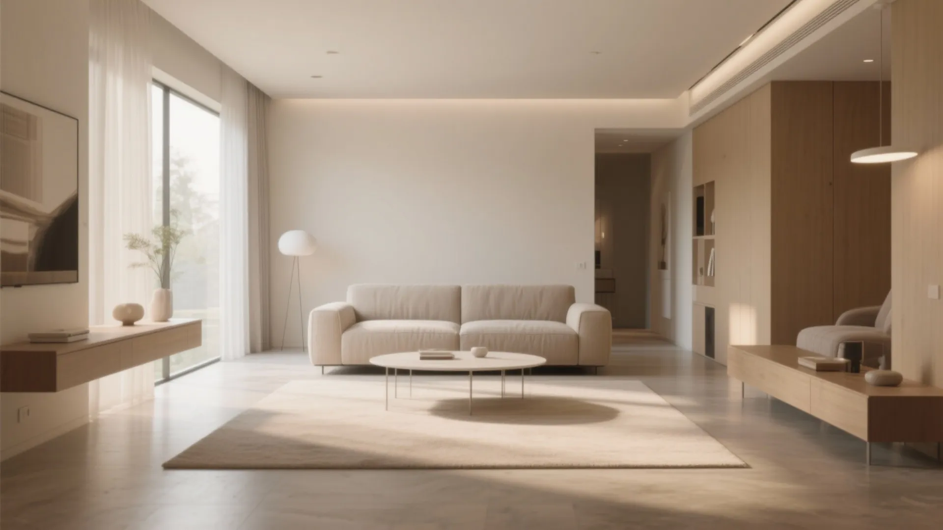 Modern minimalist living room with beige sofa round coffee table rug floor lamp and natural light