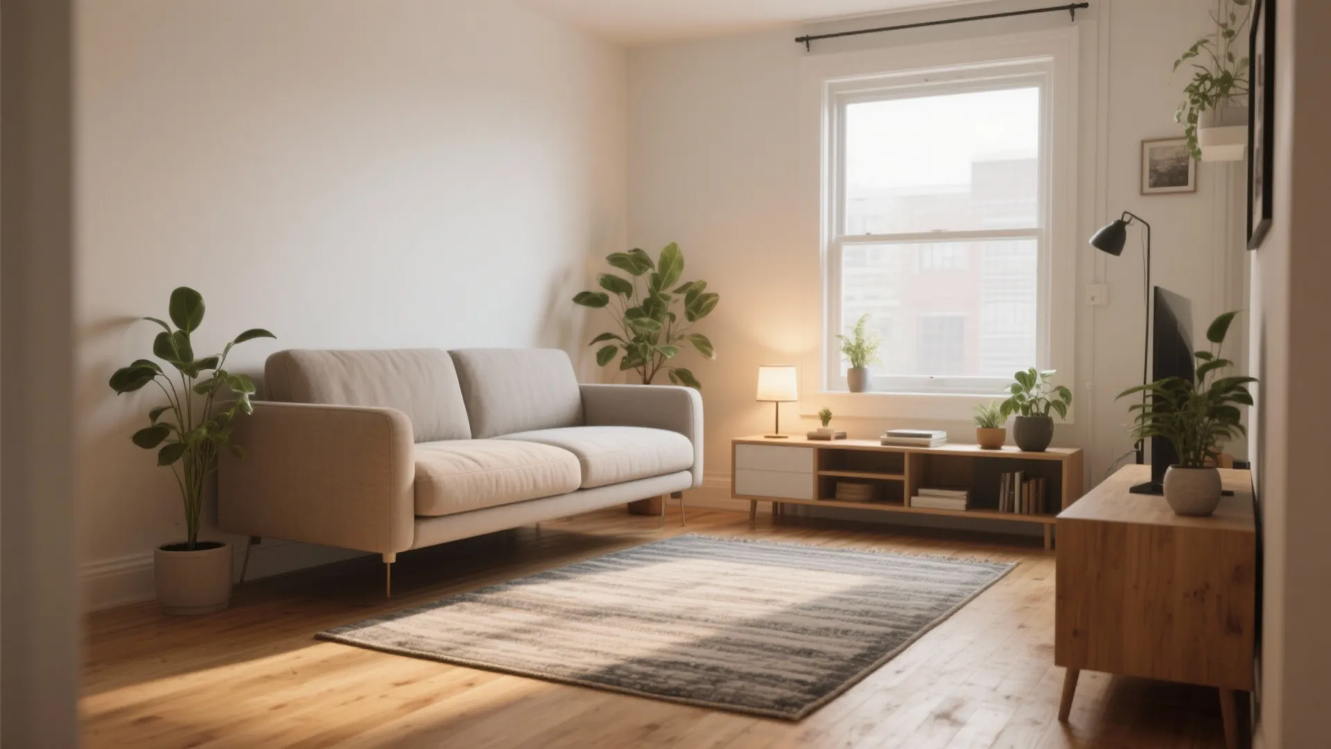 Modern cream sofa in living room with wooden floors green plants rug and natural light