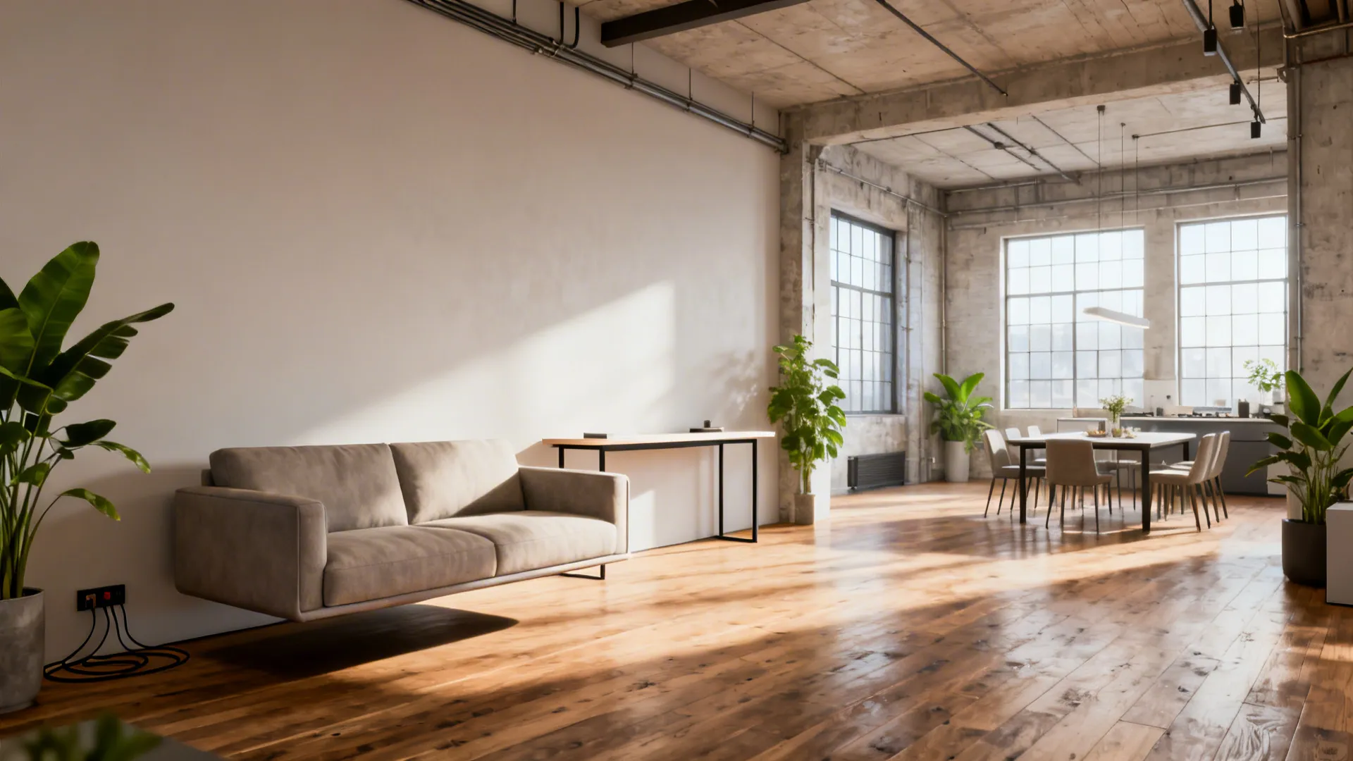 Loft living room with a floated sofa and slim console behind it dividing dining area