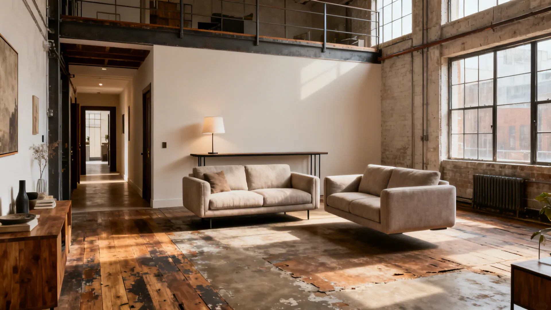 Floated three-piece sofa set in a loft with a slim console behind to improve traffic flow