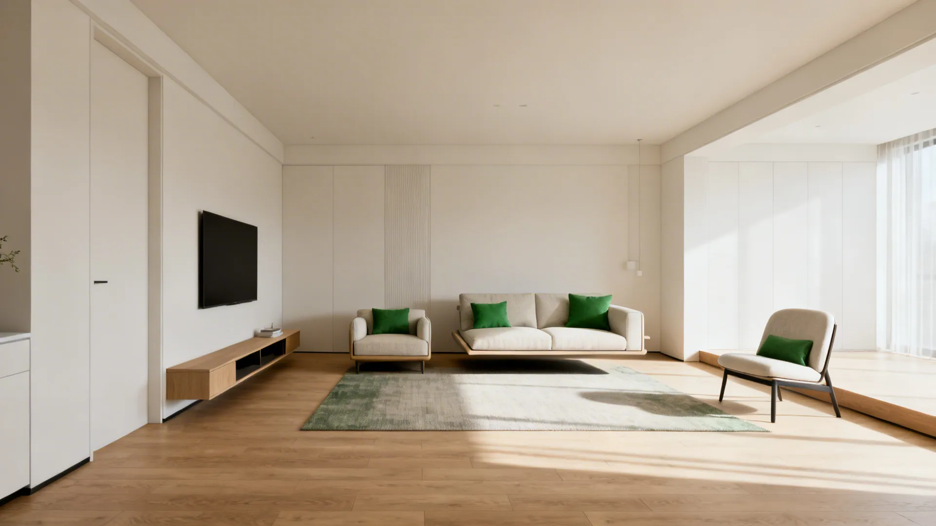 Compact living room with floating sofa layout and scaled furniture