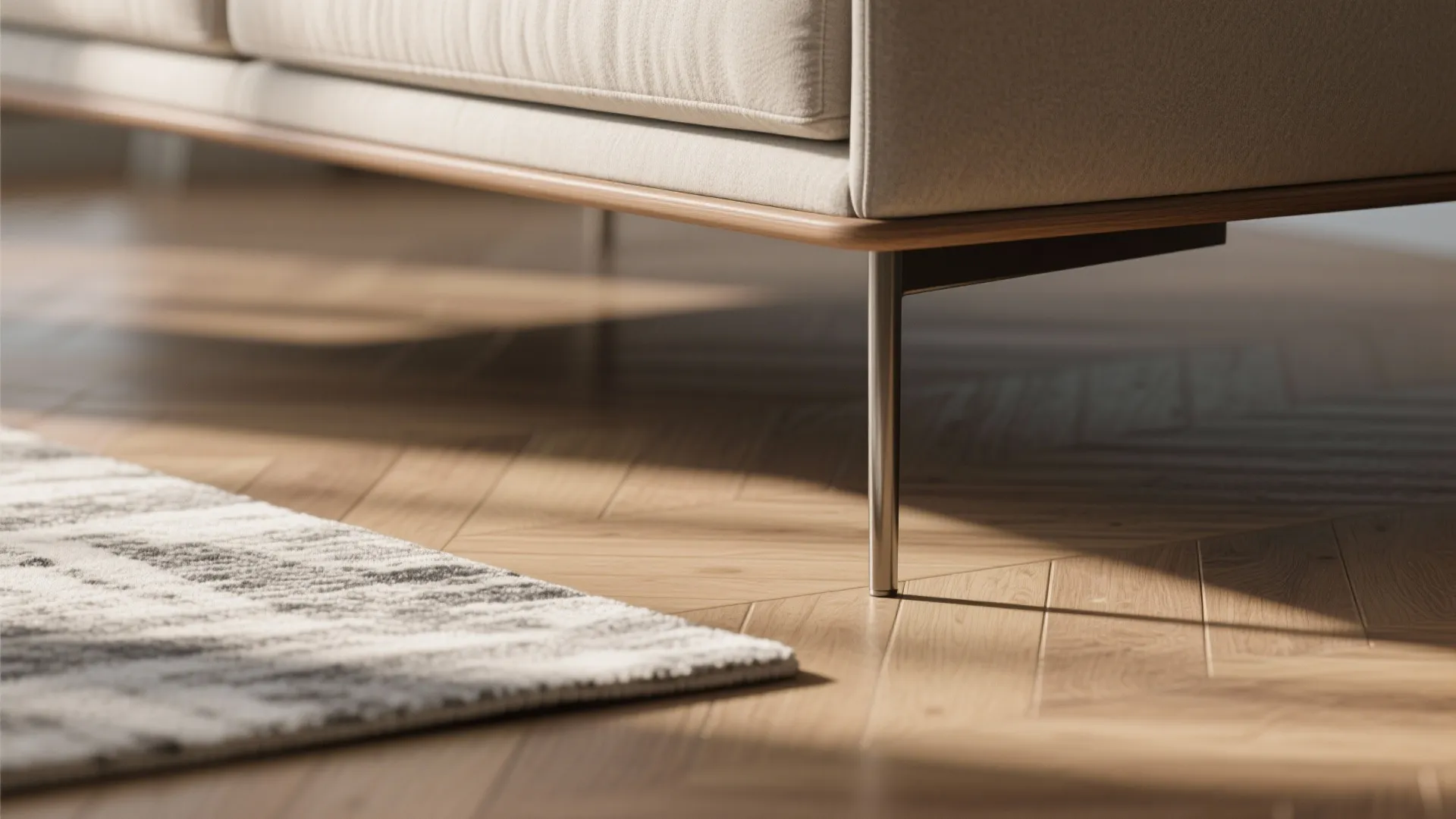 Close up of metal sofa legs on wooden floor with sunlight and a soft grey rug