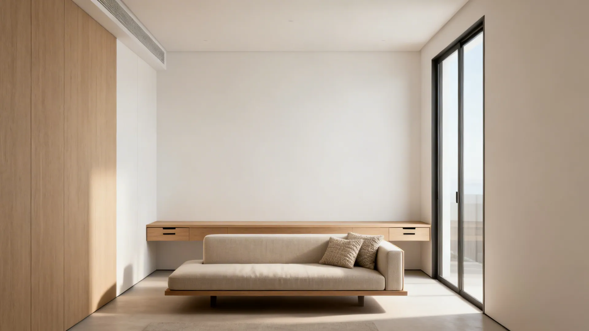 Minimalist living room featuring a beige sofa in front of a long wooden storage unit