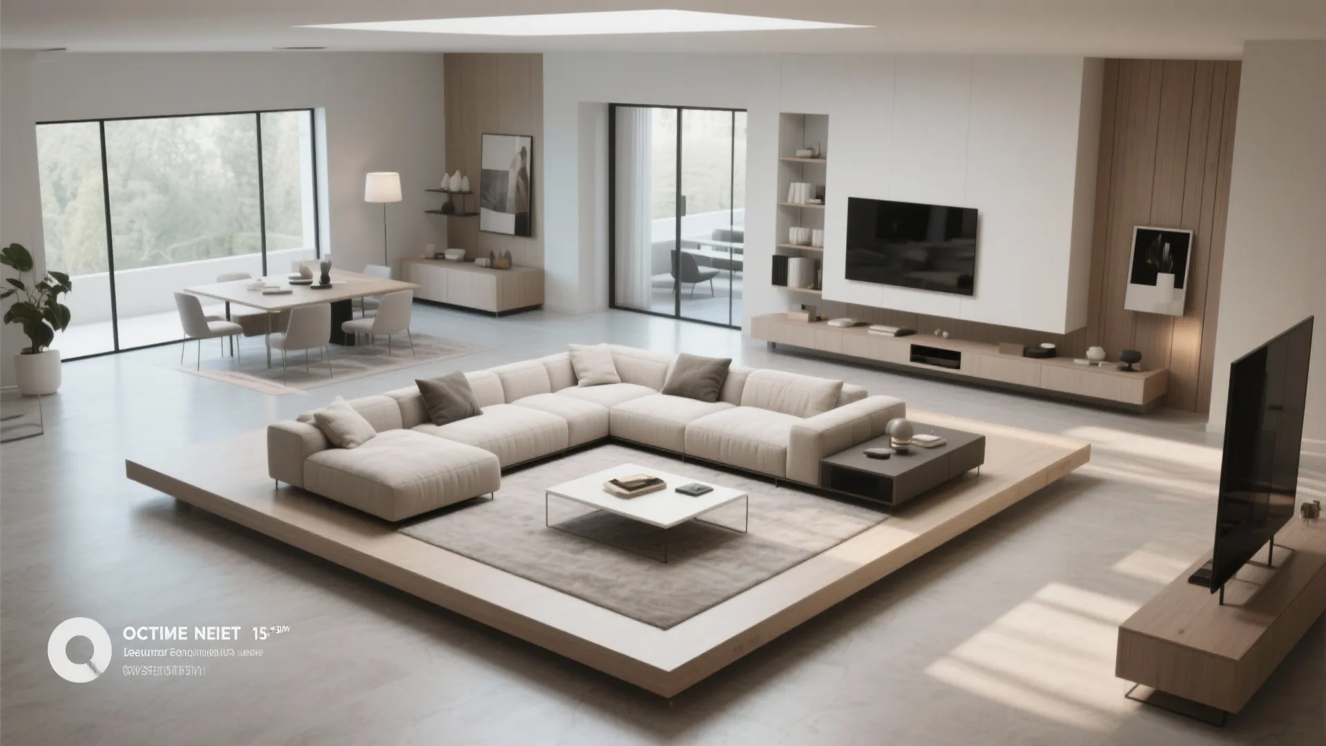 Spacious open plan living room with large sectional sofa dining table television and big windows