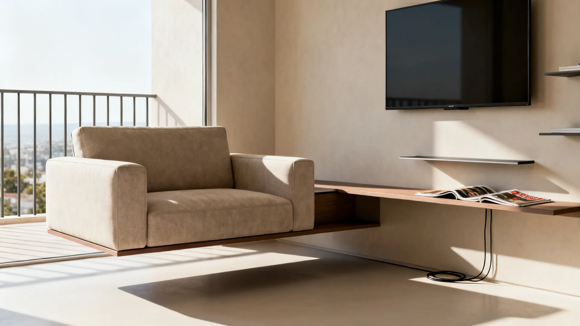 Floating sofa slightly away from the wall with a slim console and wall-mounted TV in a compact living room.