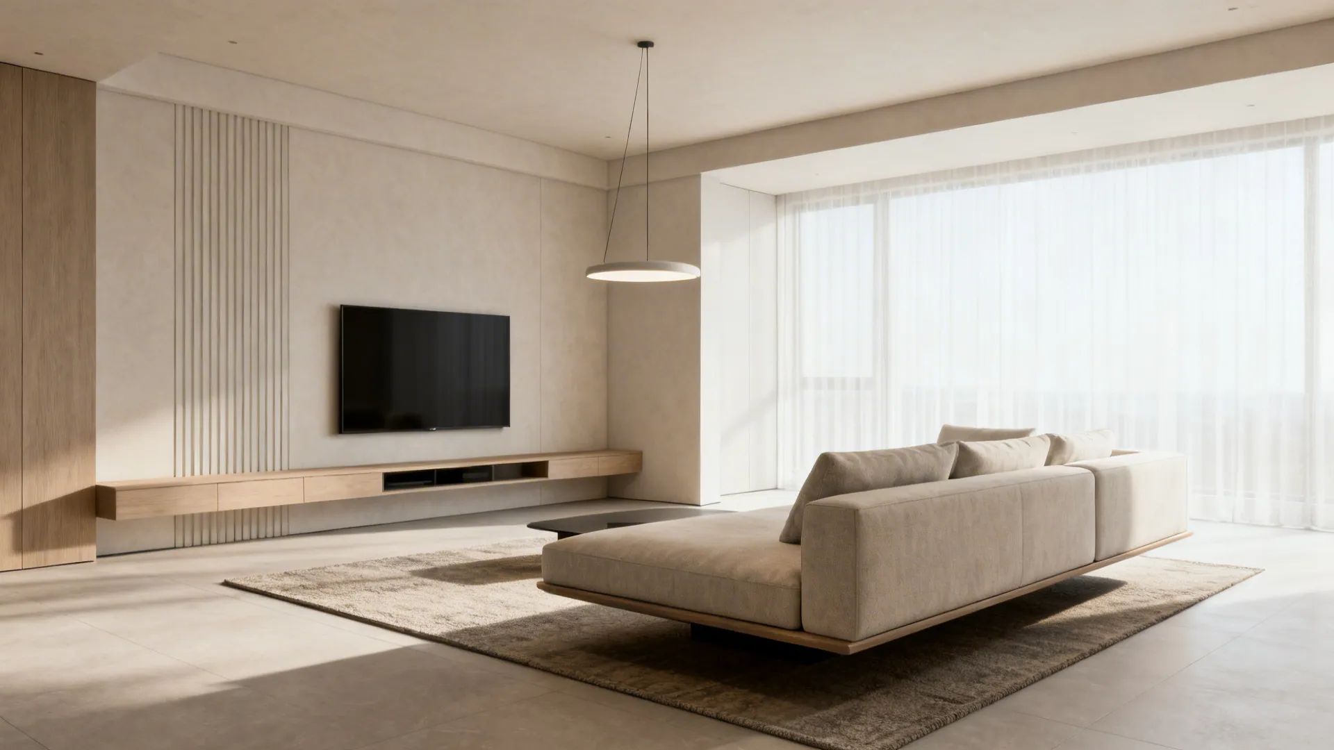 Floating sofa anchored by a rug facing a media wall on the short leg of an L-shaped living room