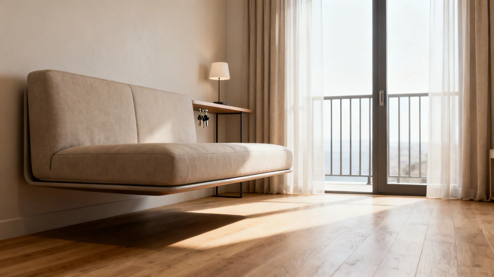 Slim sofa floated from the wall with a narrow console creating an open circulation path to a balcony