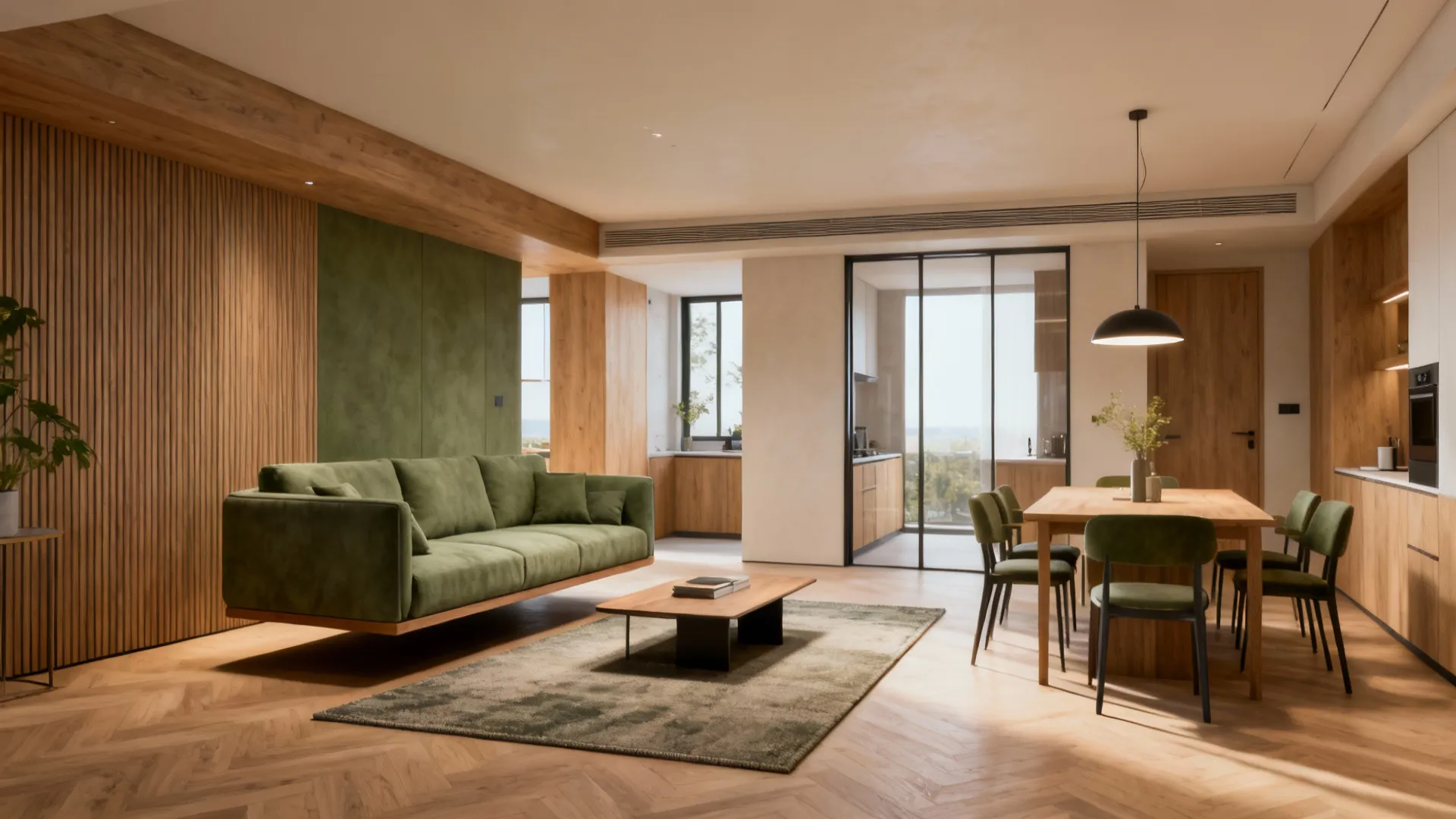 Open-plan living with a floating sofa creating a living and dining zone with clear circulation