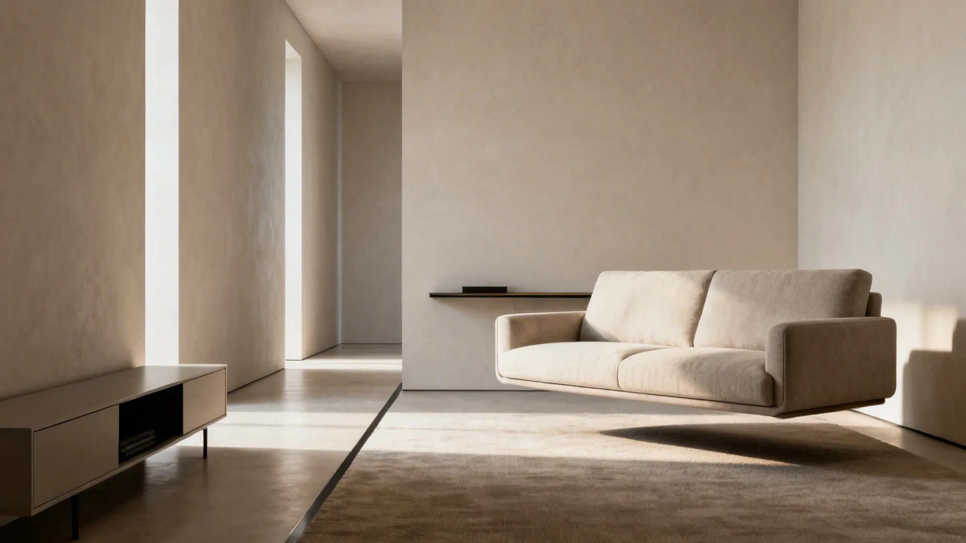 1. Floating sofa with a clear circulation path