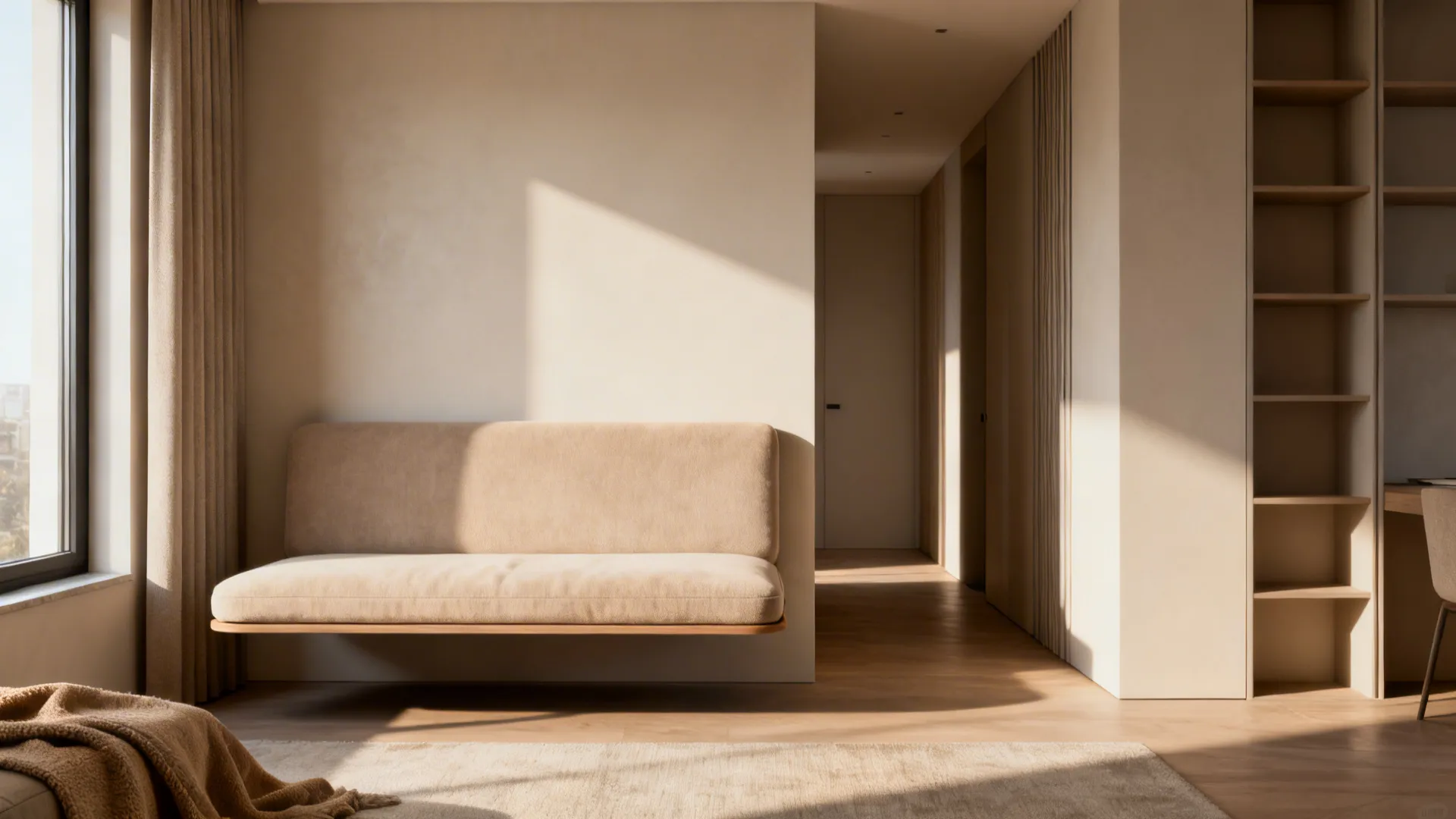 Small living room with a floating sofa and a clear walkway behind it