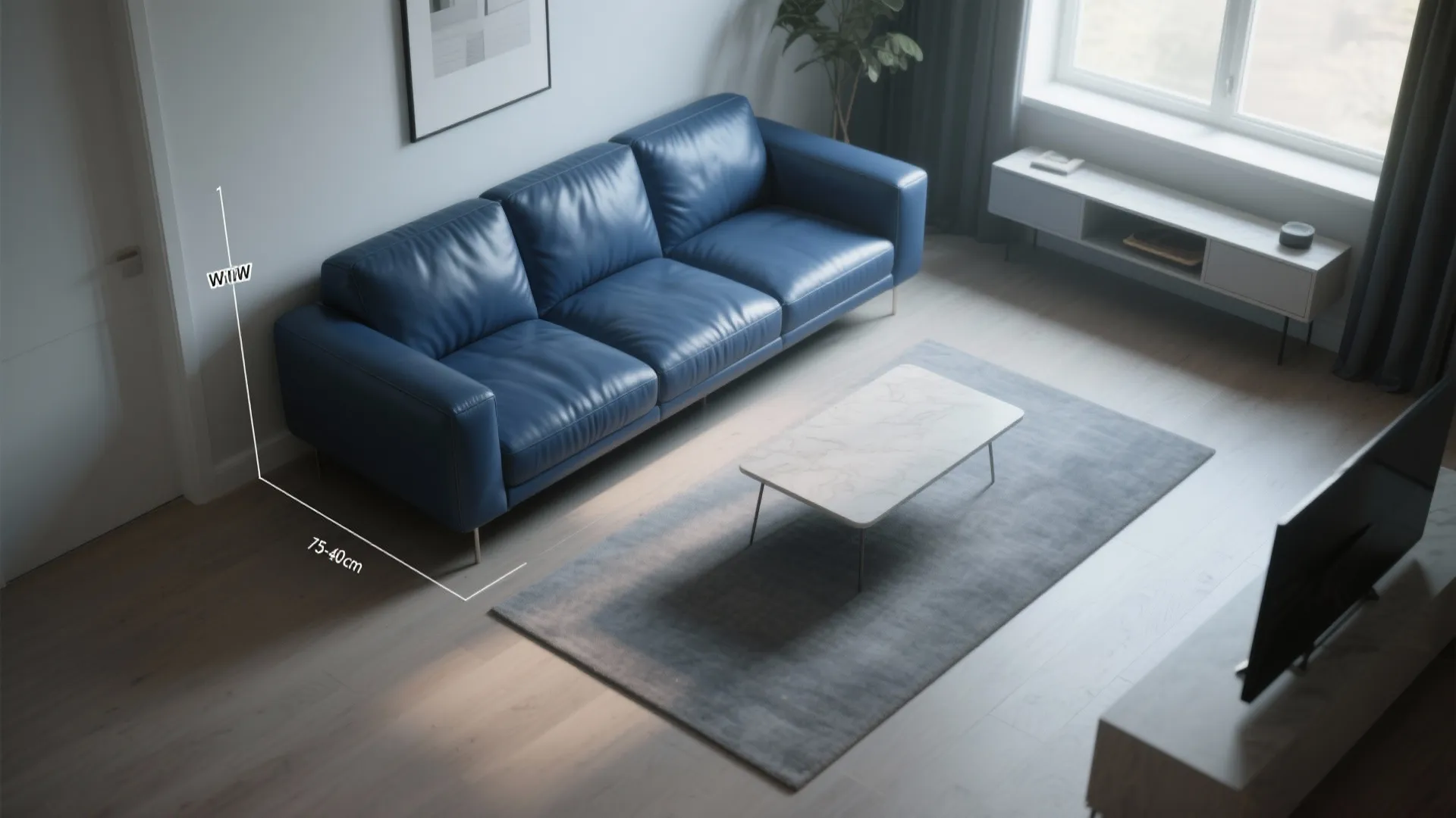 Modern blue leather sofa with dimension lines in a bright living room with white walls