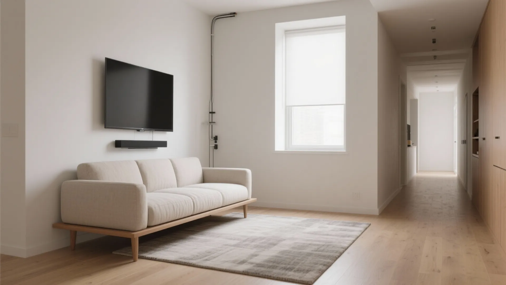 1) Floating Sofa + Wall-Mounted Media Rail