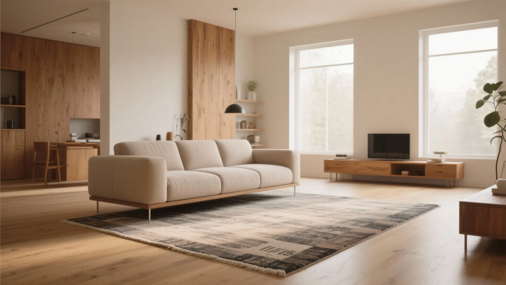 Minimalist living room with beige sofa patterned area rug wooden tv cabinet and natural light windows