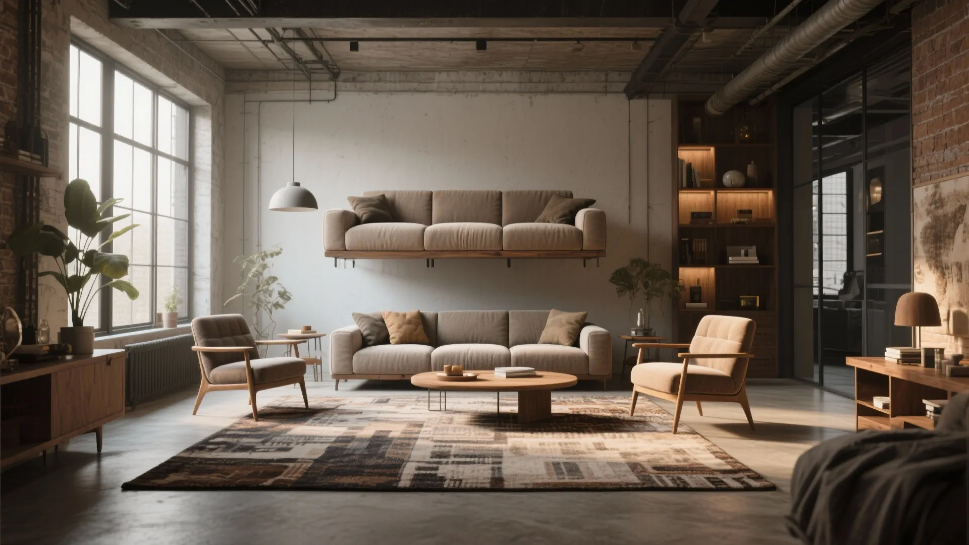 Industrial living room featuring a floating sofa above another sofa with rug and brick wall