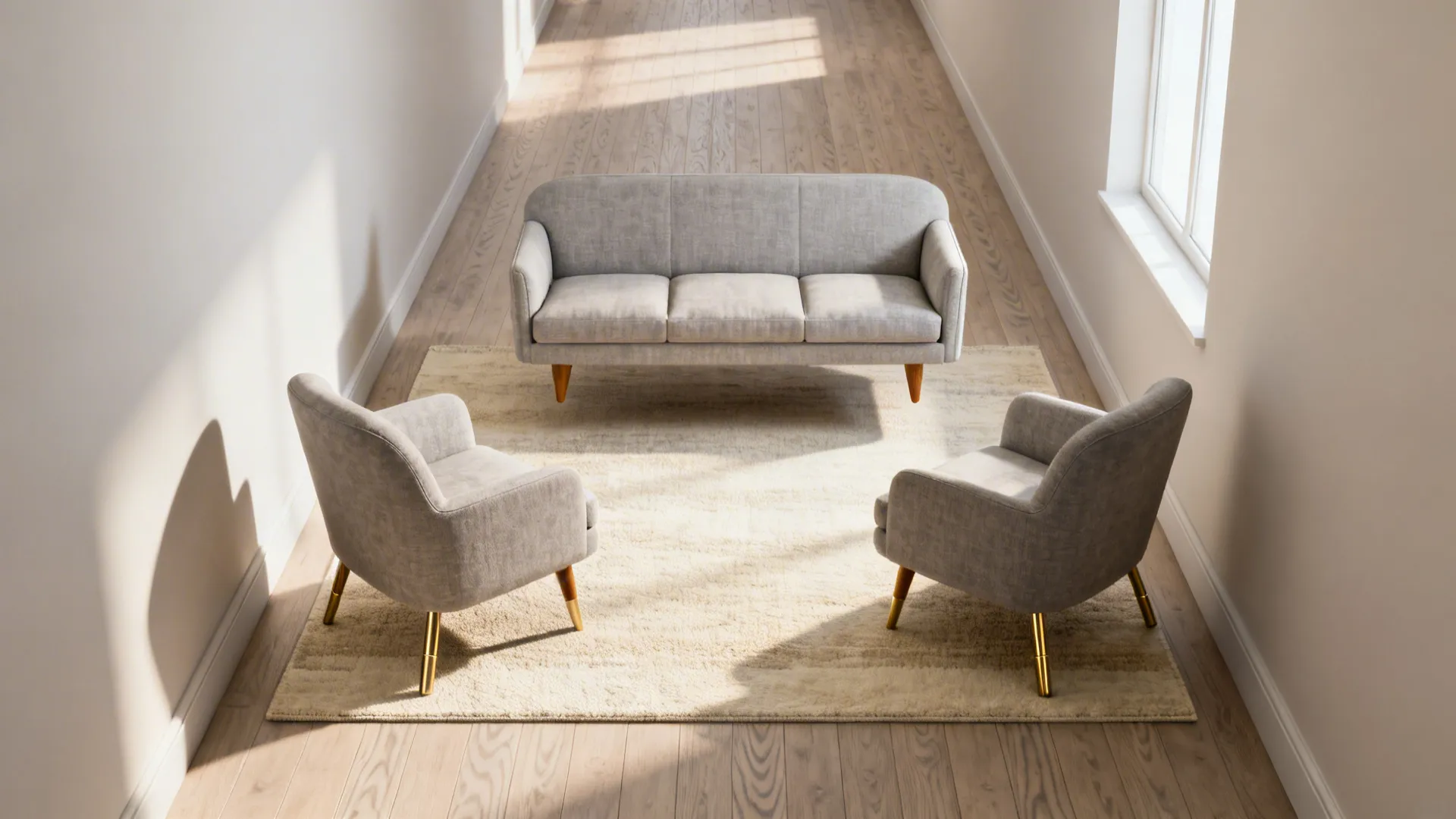 Floating sofa and chairs anchored by a medium rug in a narrow living room to create depth.