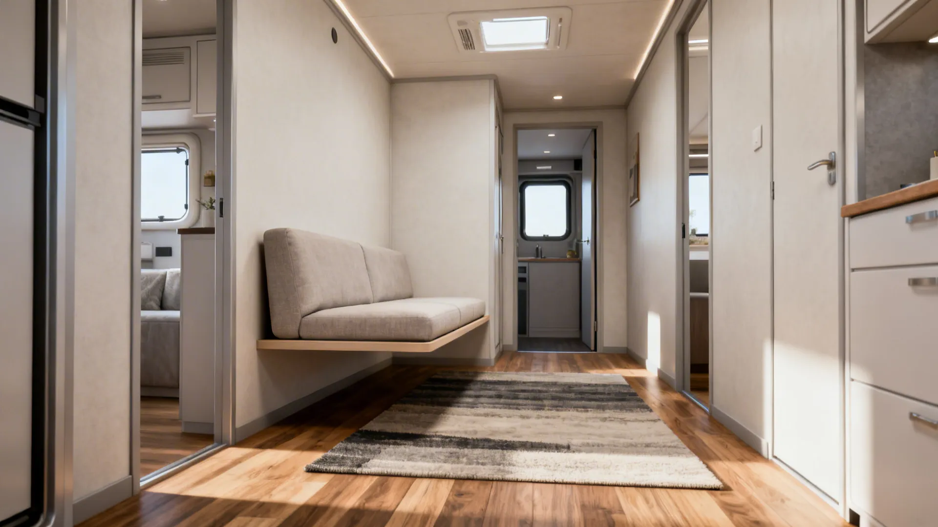 Modern hallway interior design with floating sofa, striped rug, wooden floor, and bright ceiling light