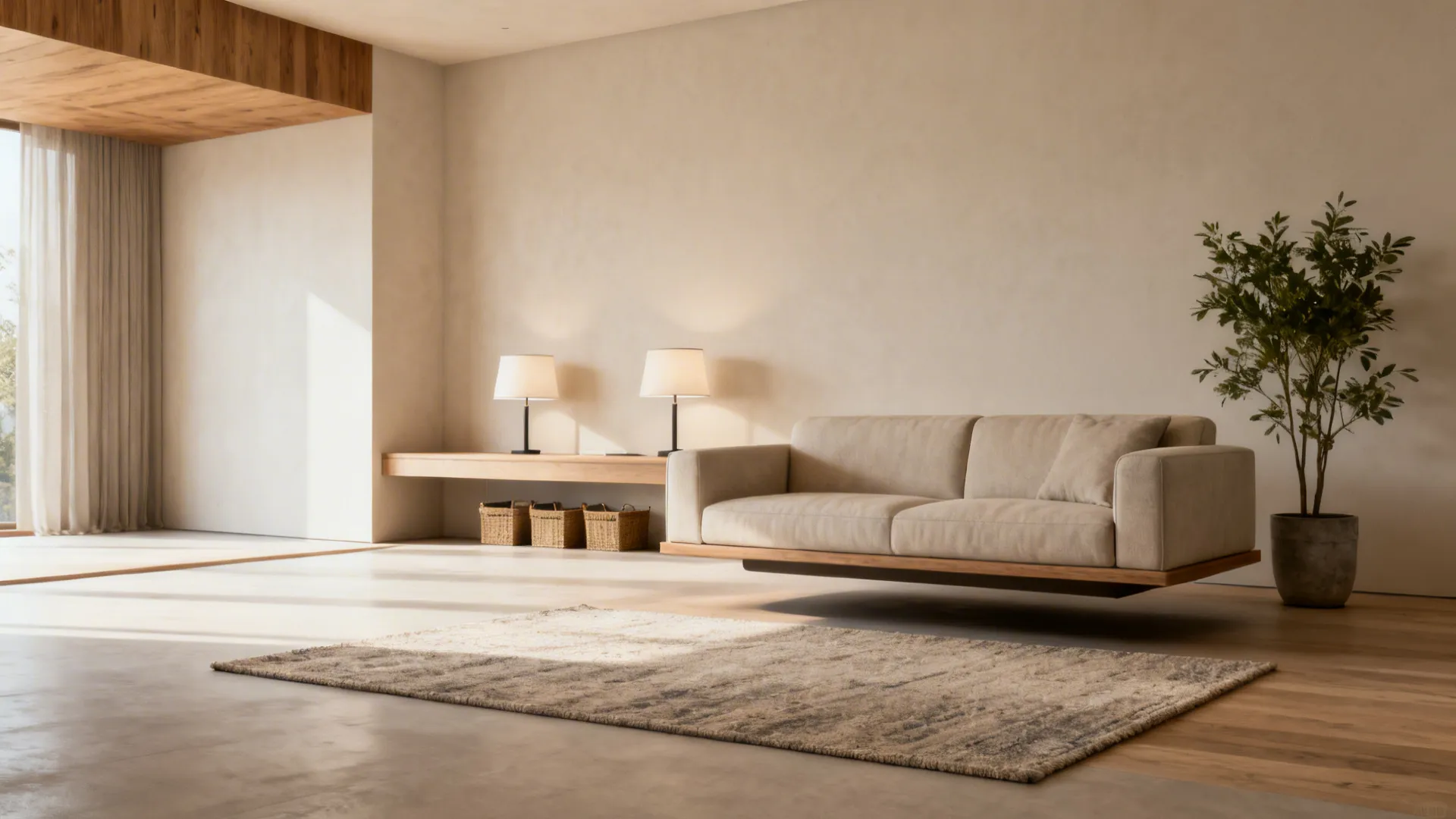 Floating sofa anchored by a textured rug with a slim console behind it in a small living room.
