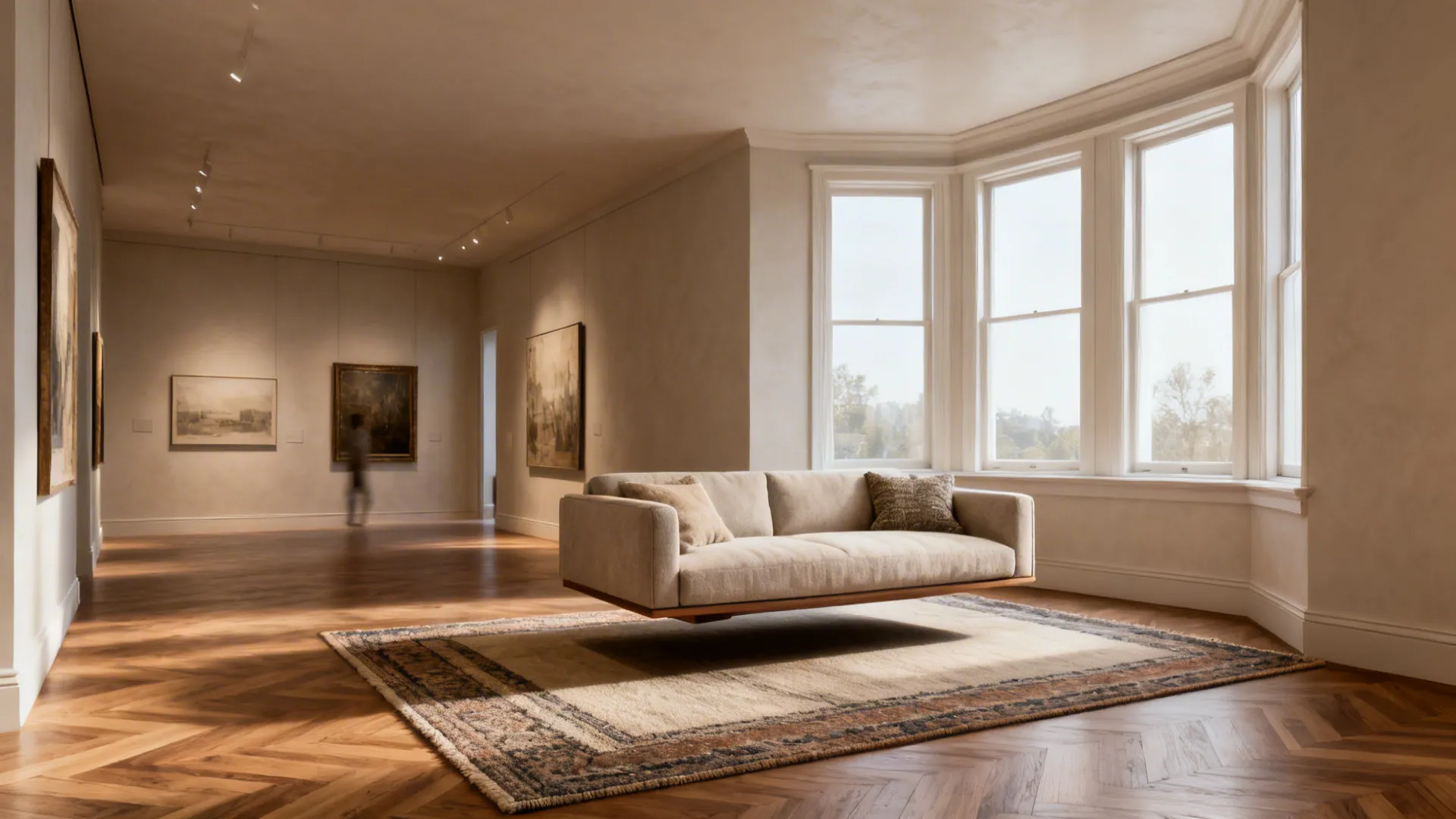Floating sofa near a bay window with layered rugs defining the seating area and circulation behind.