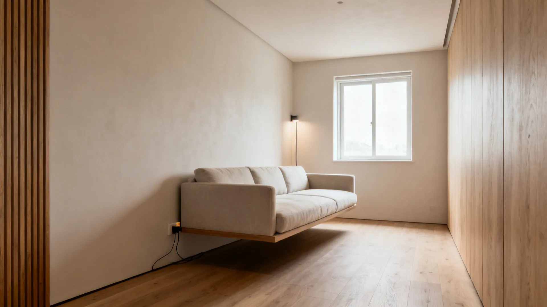 Floated sofa preserving sightlines to a corner window in a small L-shaped living room.