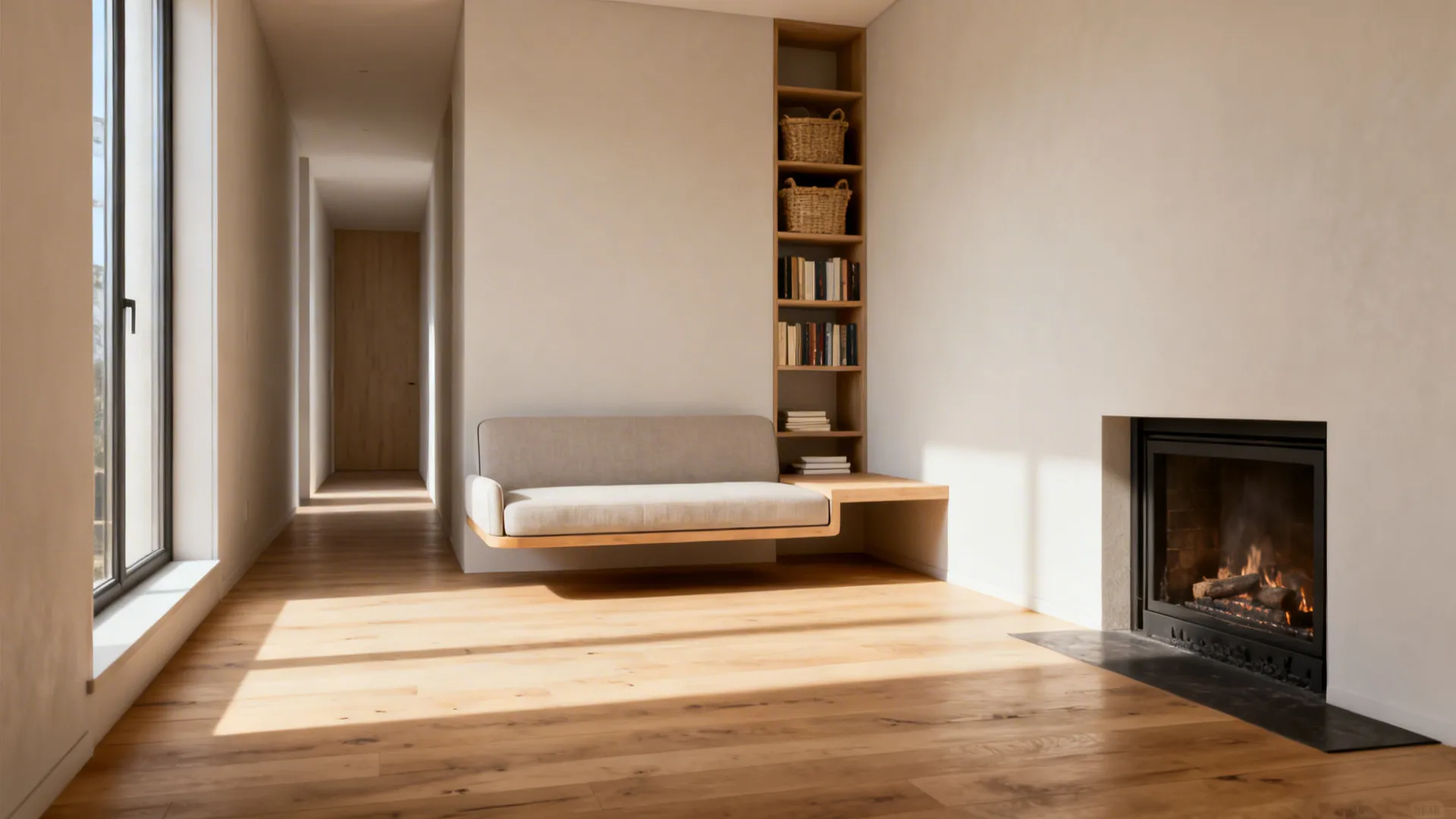Modern minimalist living room featuring floating sofa wooden bookshelf fireplace and bright natural light windows