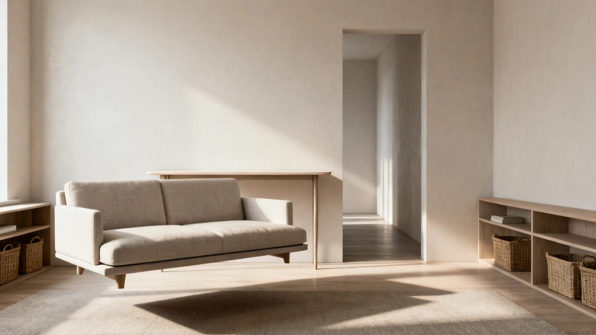 Floating sofa with slim console and low shelving behind, creating storage and a pathway.
