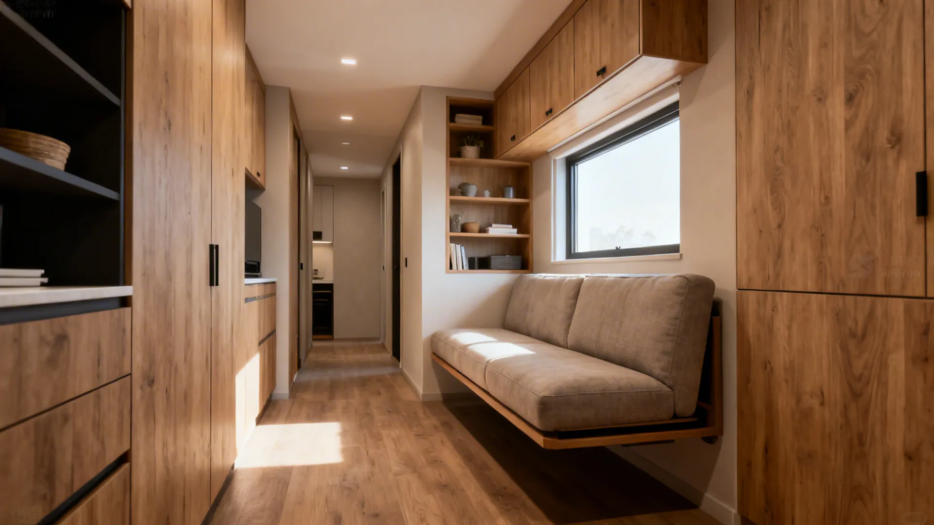 Floating sofa with wall-mounted storage creating a clear circulation lane in a small living room.