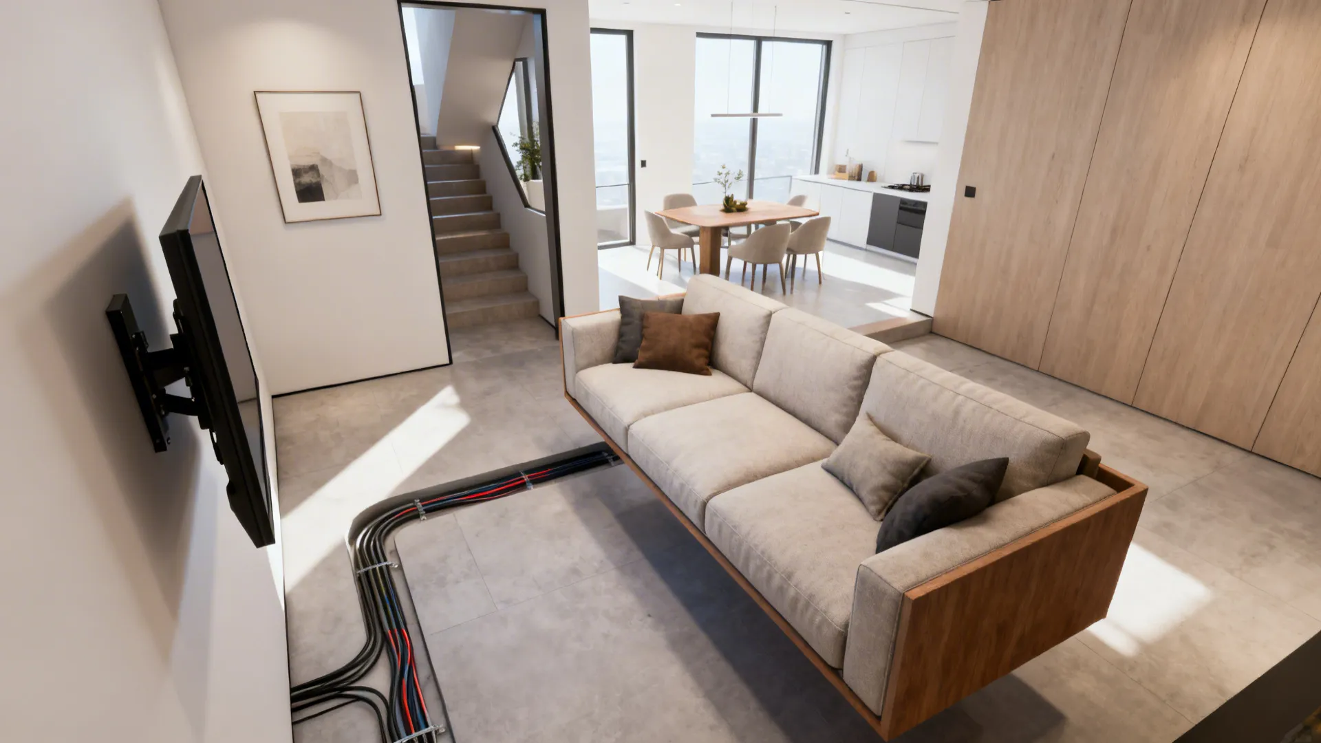 3. Floating furniture and swivel TV mounts