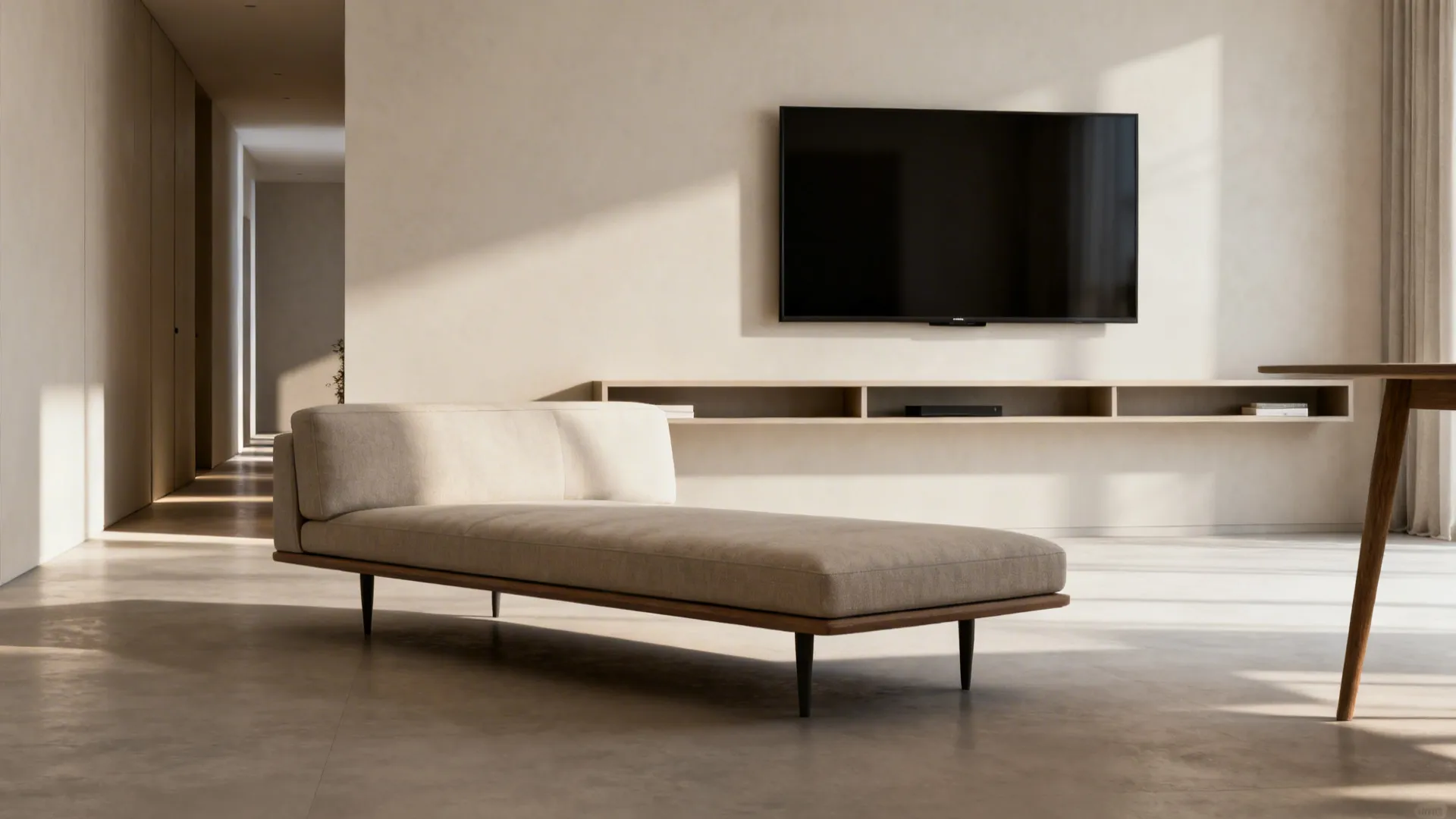 Floating slim sofa with wall-mounted TV and narrow console creating an open sightline