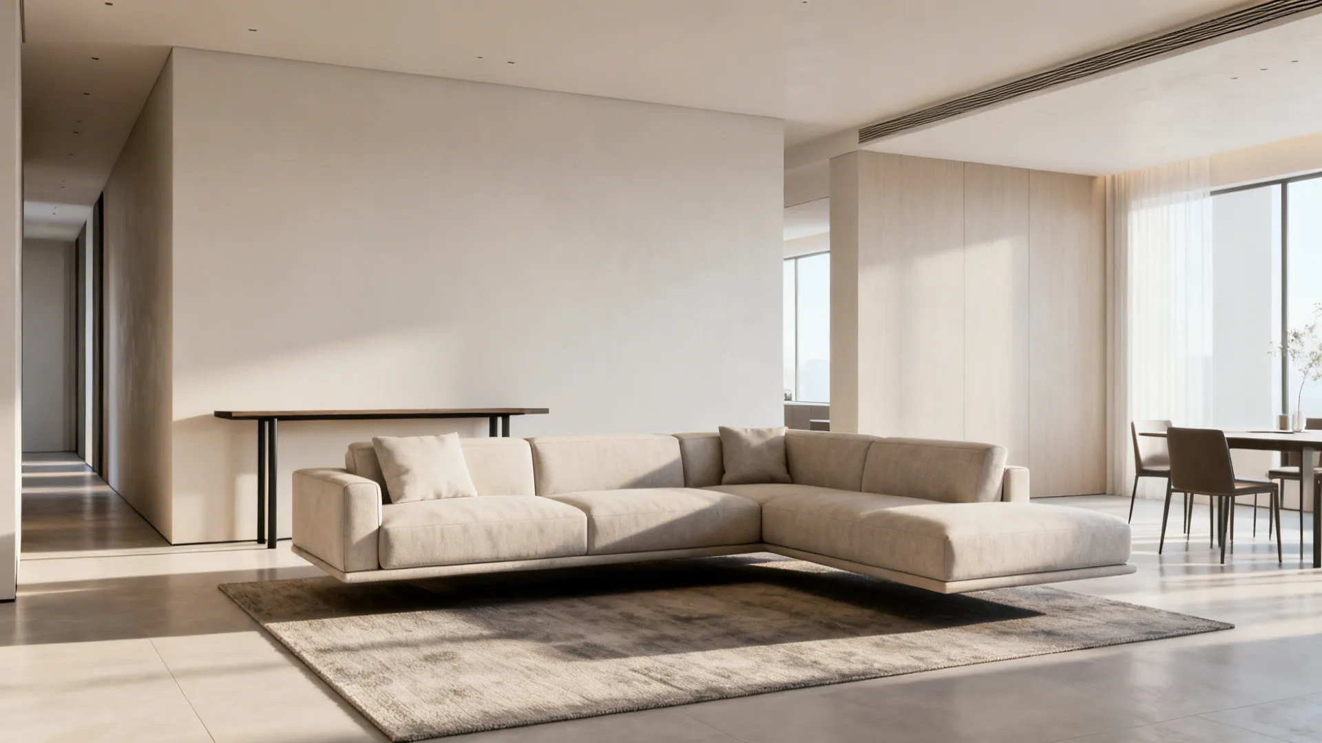 Open-plan loft with an L-shaped sofa floated to create a distinct lounge zone and maintain traffic flow.