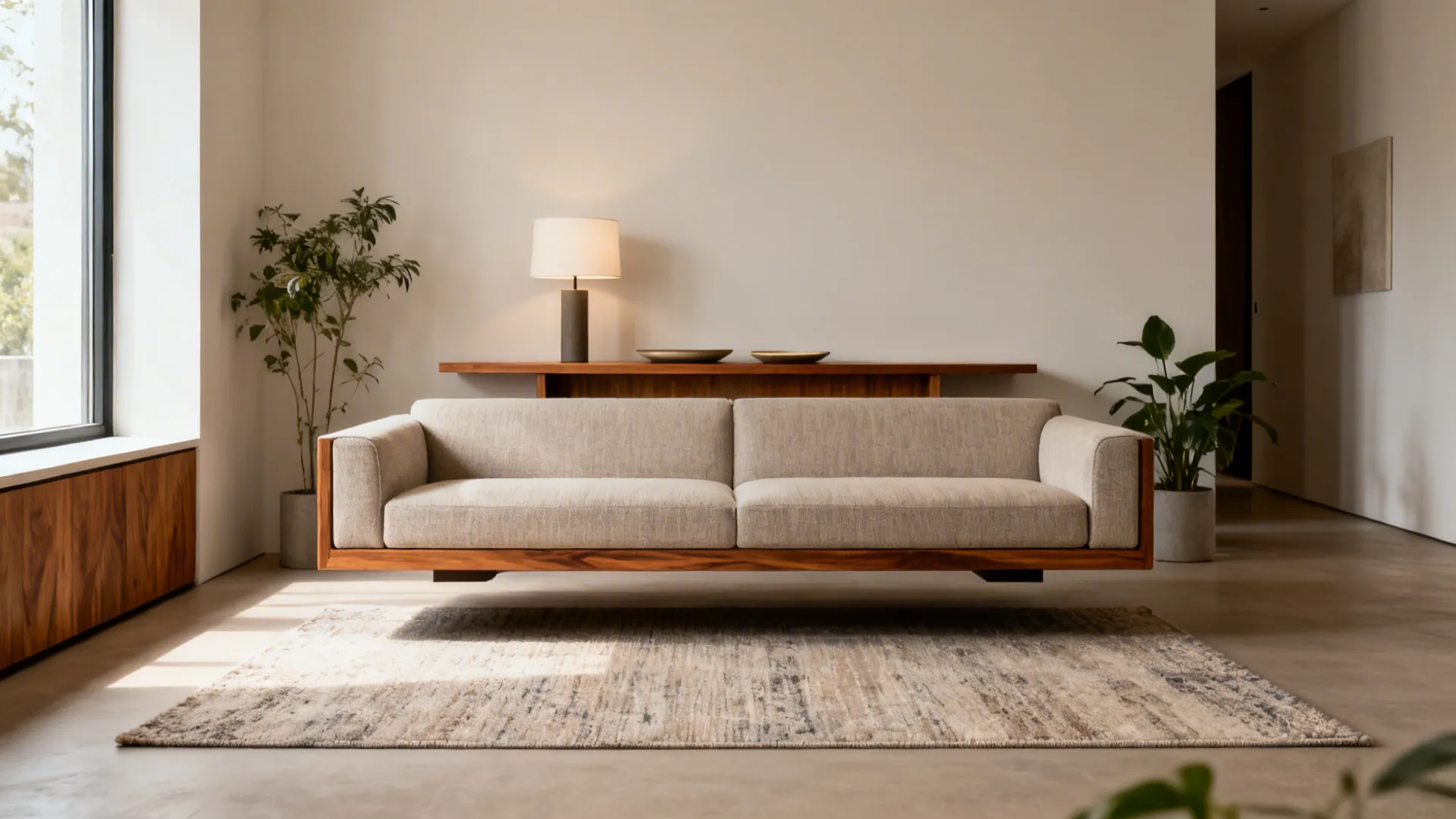 Floated sofa with a slim console behind it defining zones and clear walkways in a compact living room.