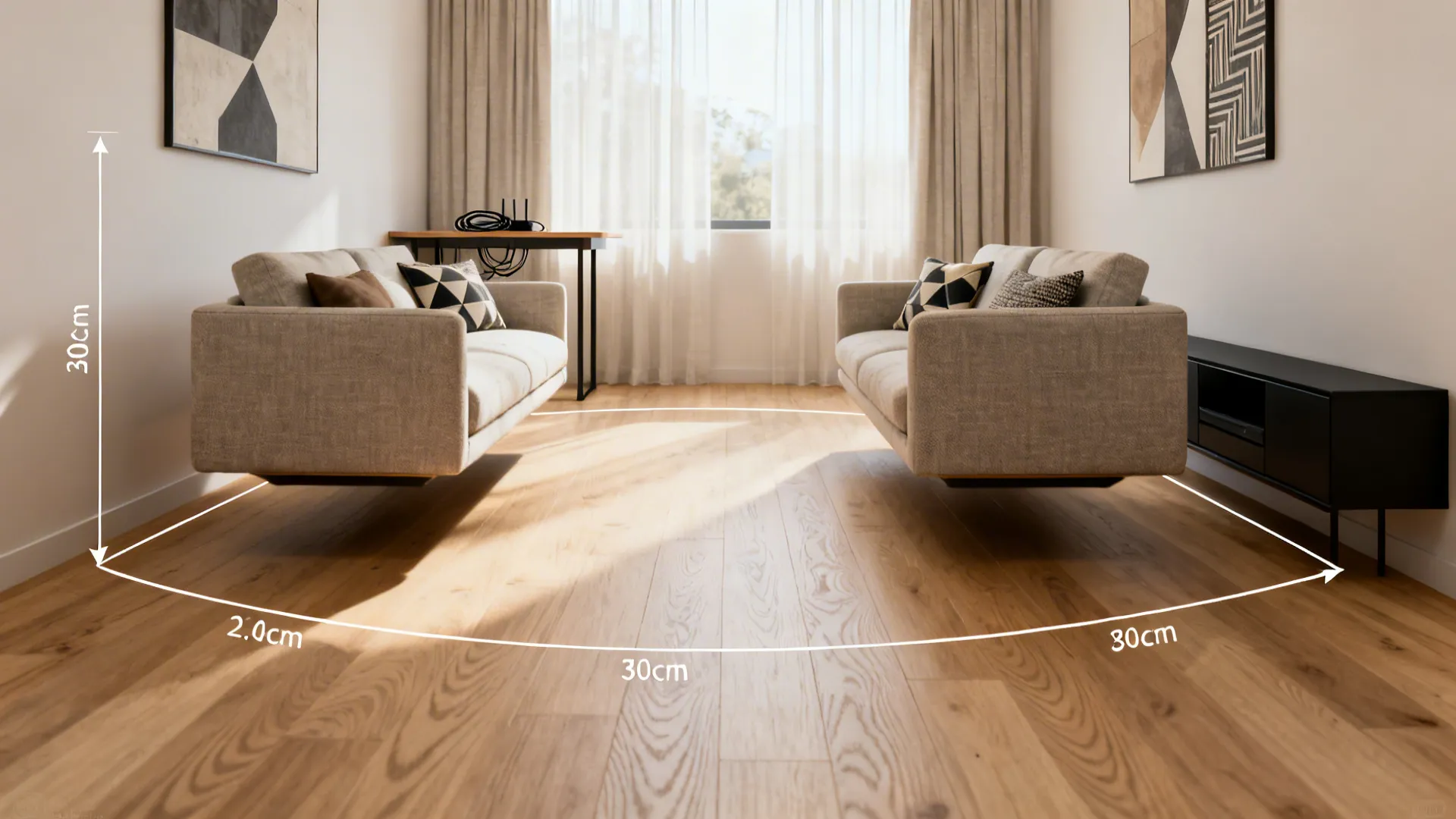 Two sofas floated away from walls forming an island seating area with clear circulation paths.