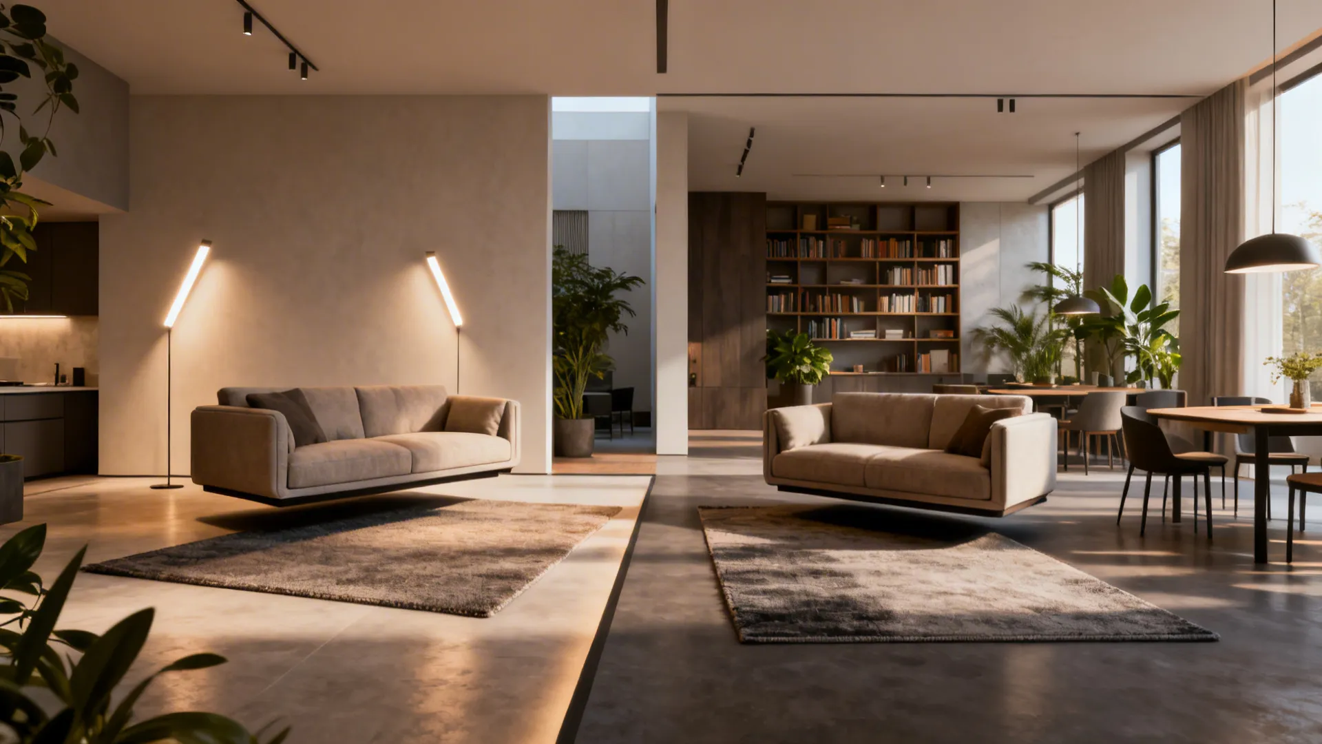 Open-plan space with floated sofas creating separate living and dining zones anchored by rugs and lighting