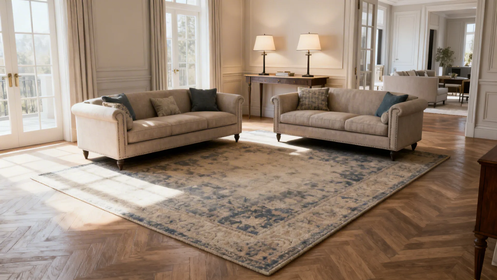 Sofas floated from the walls forming a central seating island with rug and task lamps anchoring the space.