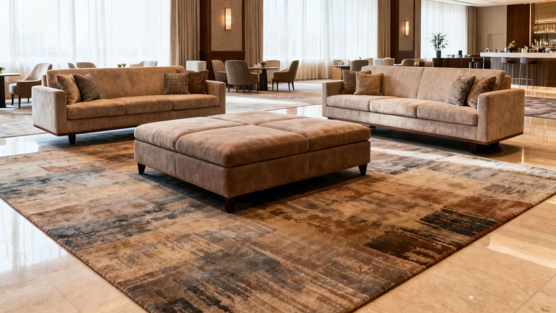 Floating sofas with a large shared ottoman on a big rug creating a lounge-like open layout