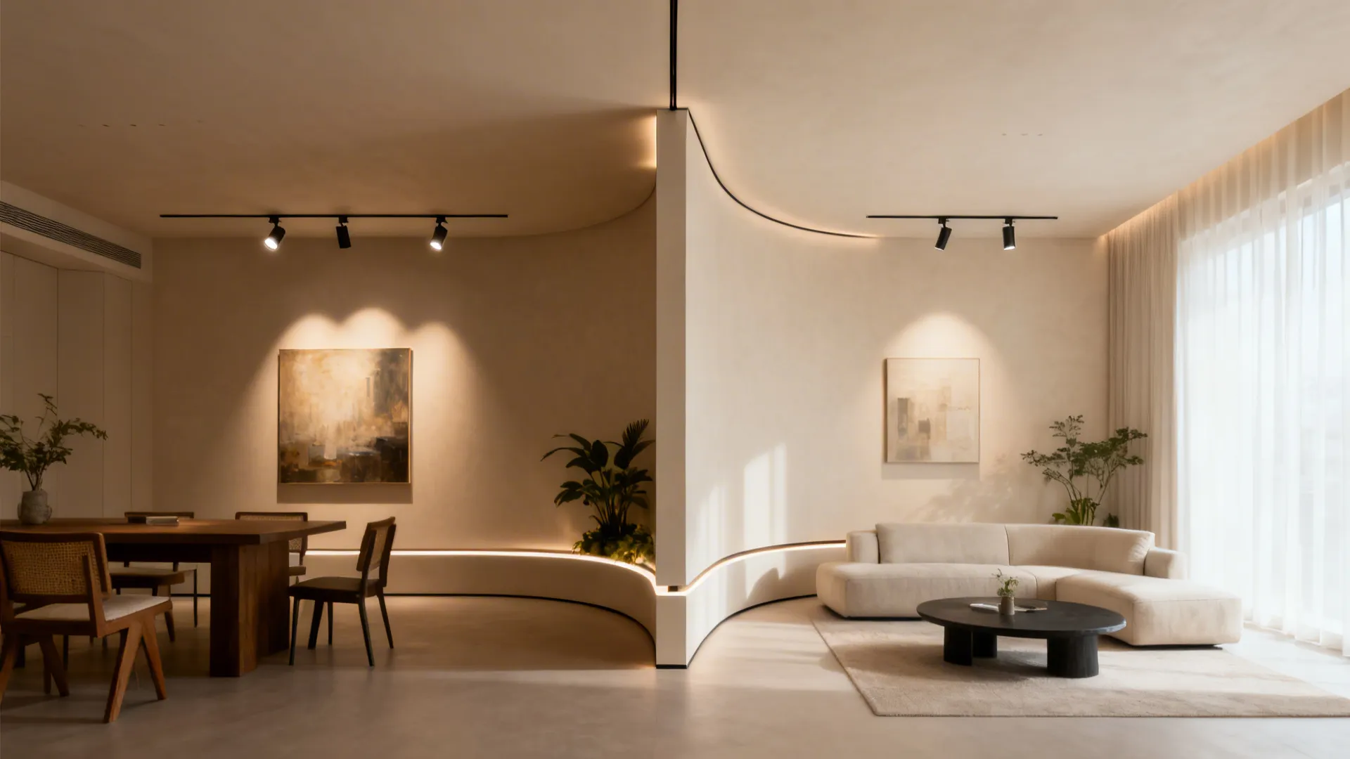 Modern open plan interior with curved wall dividing dining area and living room with lights