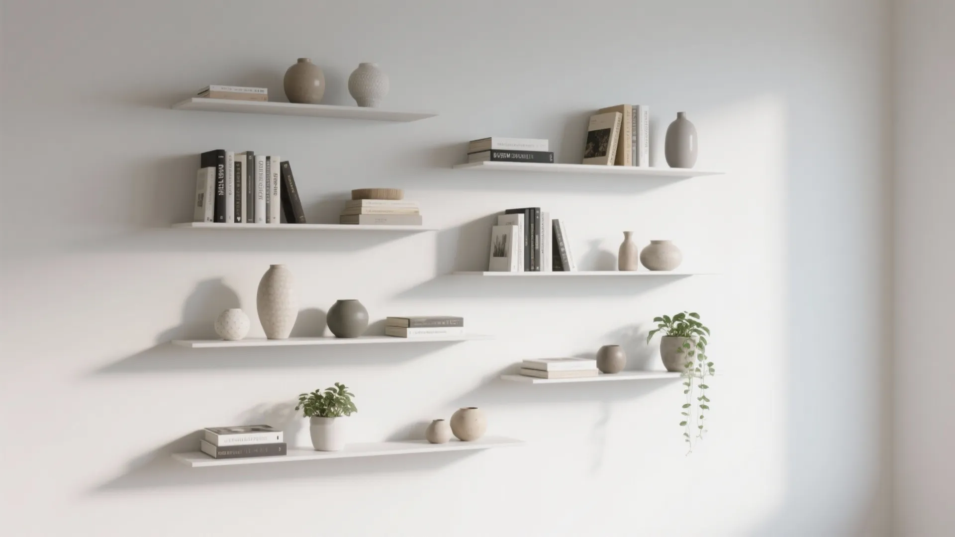 Minimalist white wall with staggered floating shelves holding books, ceramic vases, and green potted plants