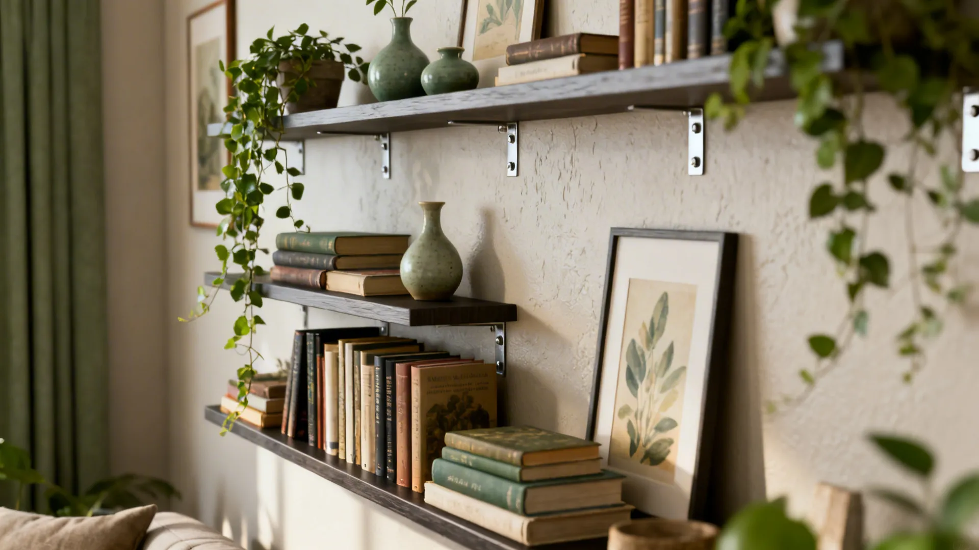 Staggered floating shelves holding books, plants and art on a narrow wall